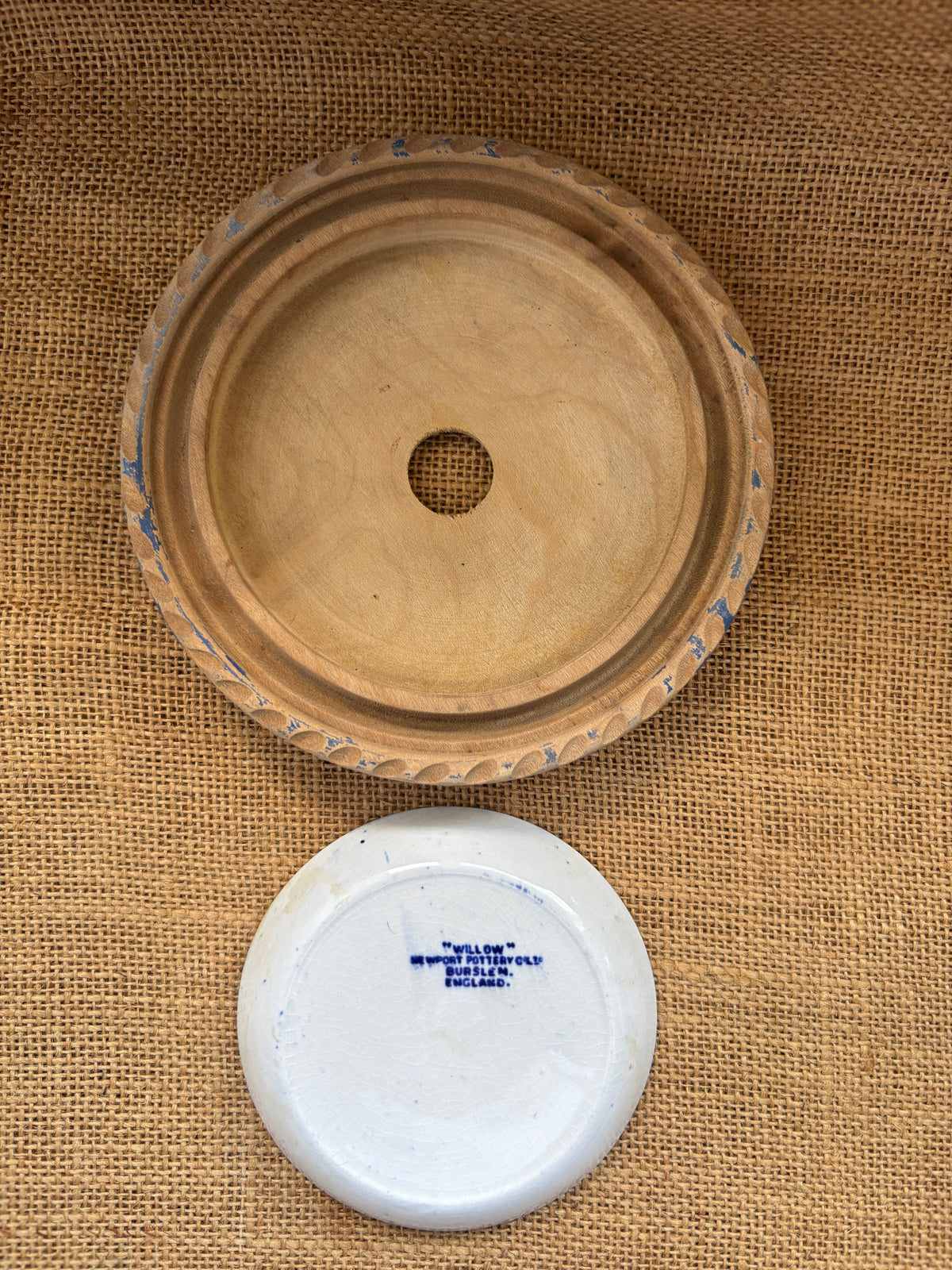 Old wooden butter dish with willow pattern