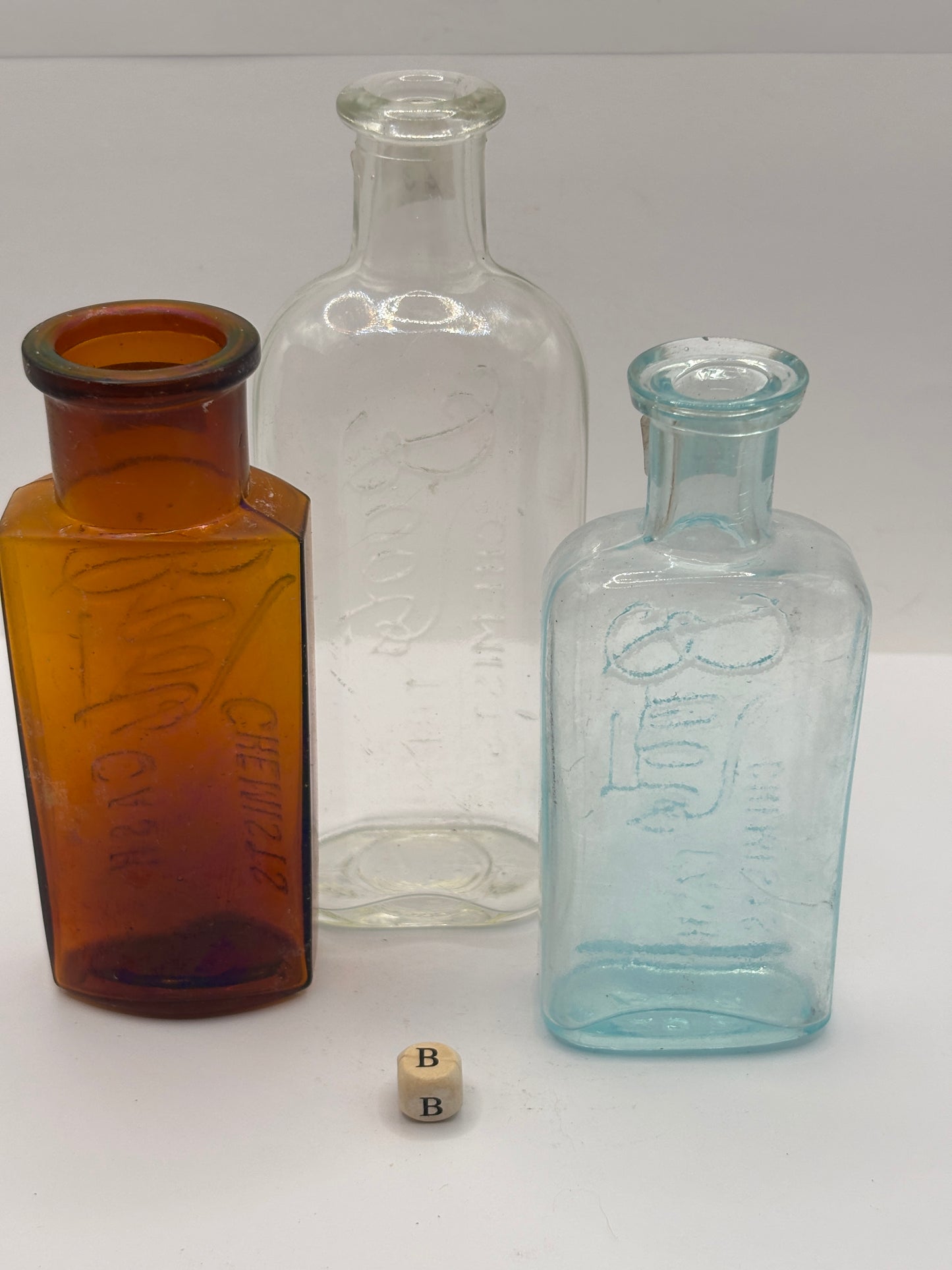 3 Old glass Boots cash chemists bottles (B)