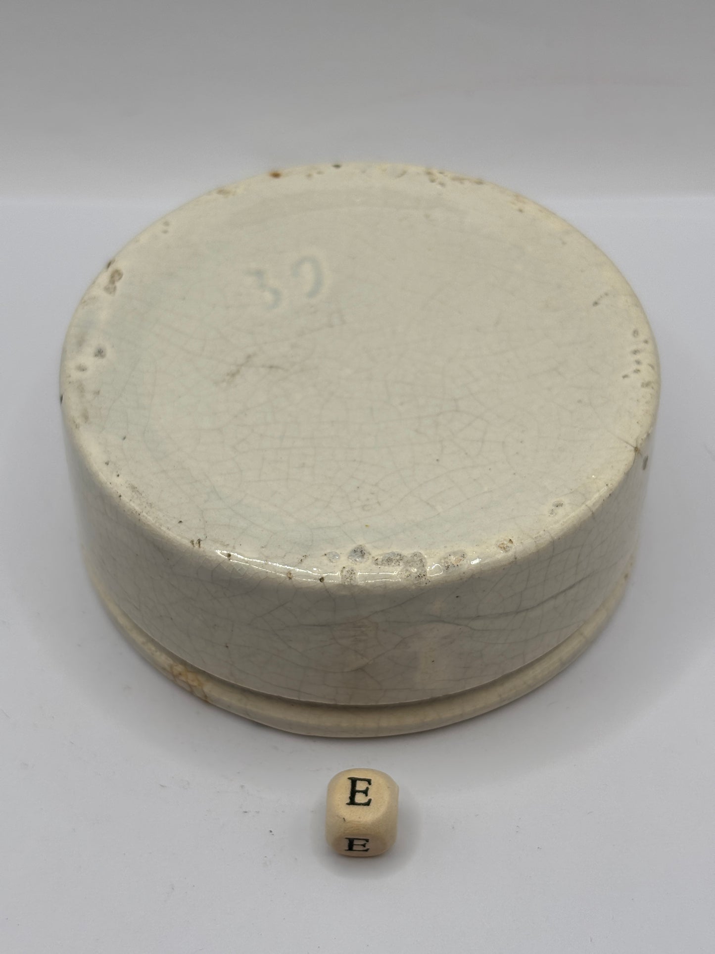 Old plain stoneware meat paste pot (e) stained & crazed, chipped