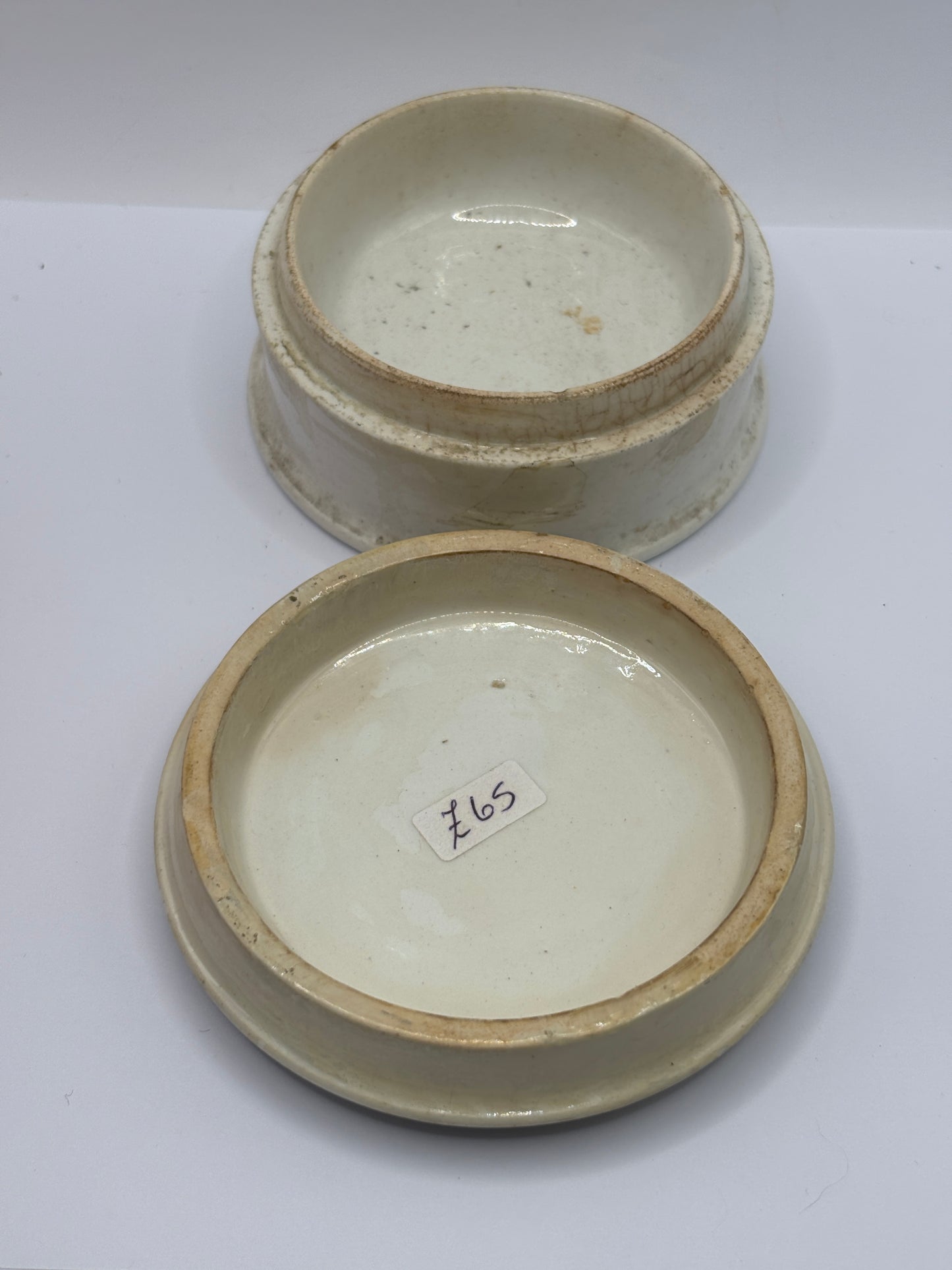 Rarer Old Prattware lid, Peasant boys, lid and base
