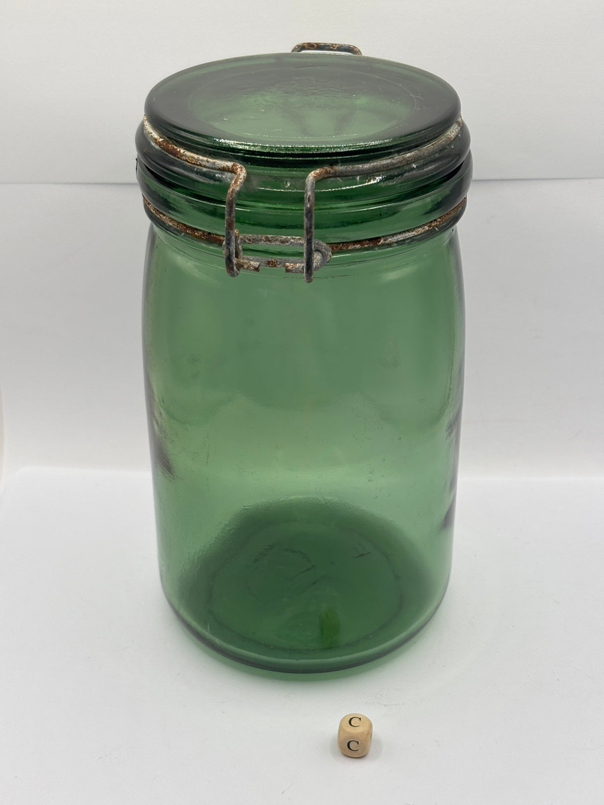 Old French green glass canning jar, L’ideal (c)