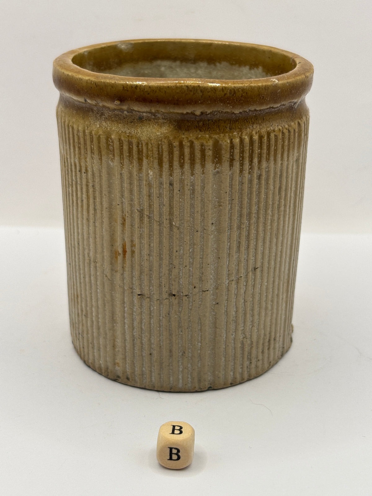 Old 1lb ribbed stoneware jam pot with added label (B)
