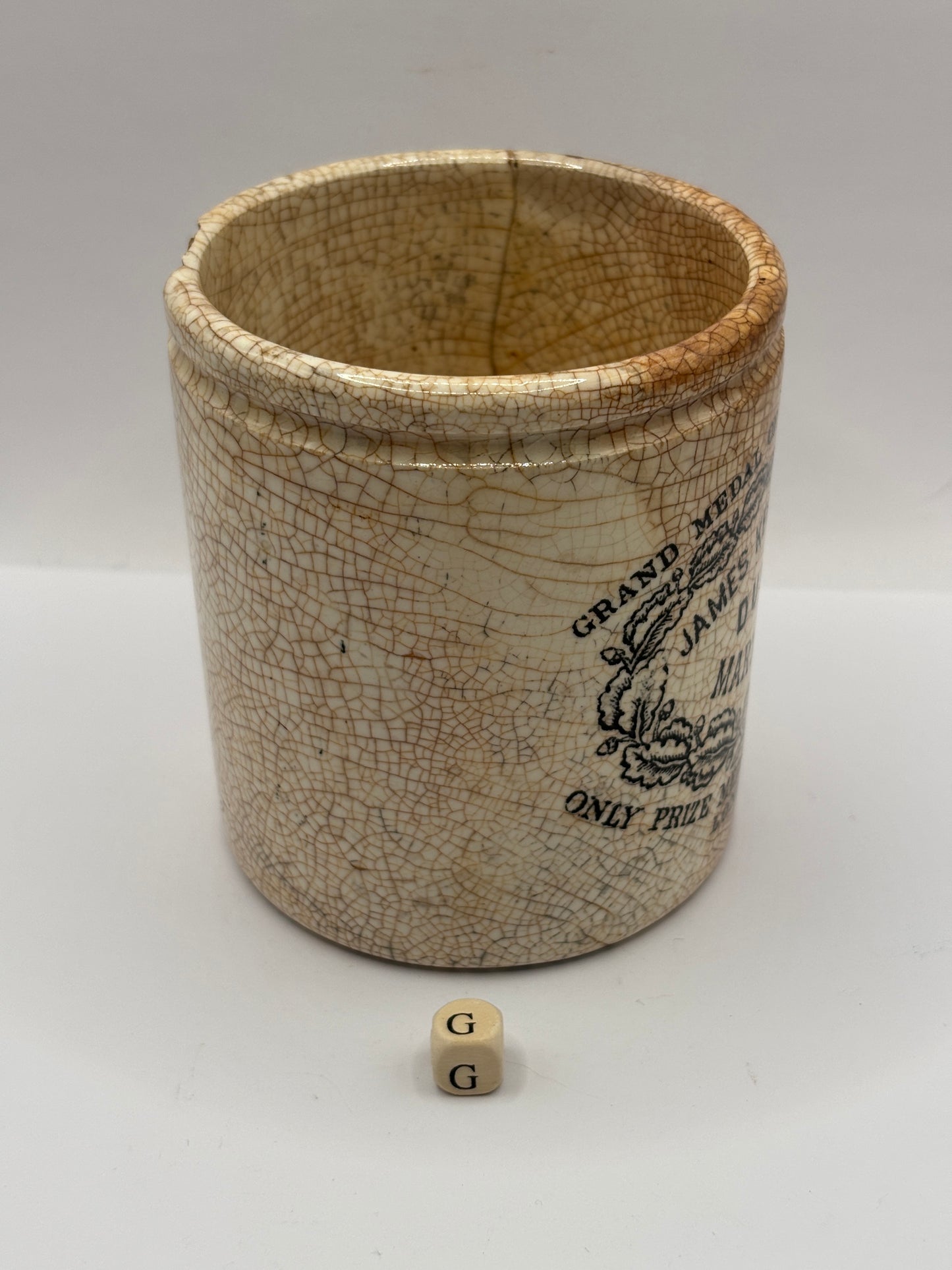 Old 1lb James Keiller Dundee marmalade jar. Damaged (G)