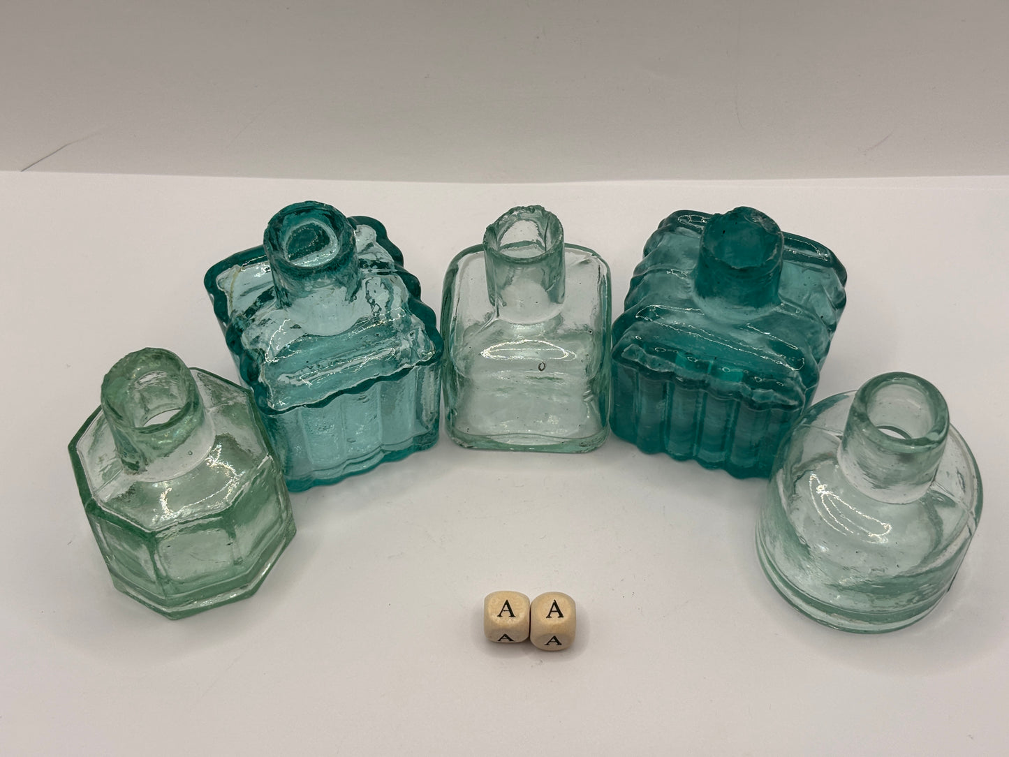 5 old aqua glass inks, inkwells, ink bottles (AA)