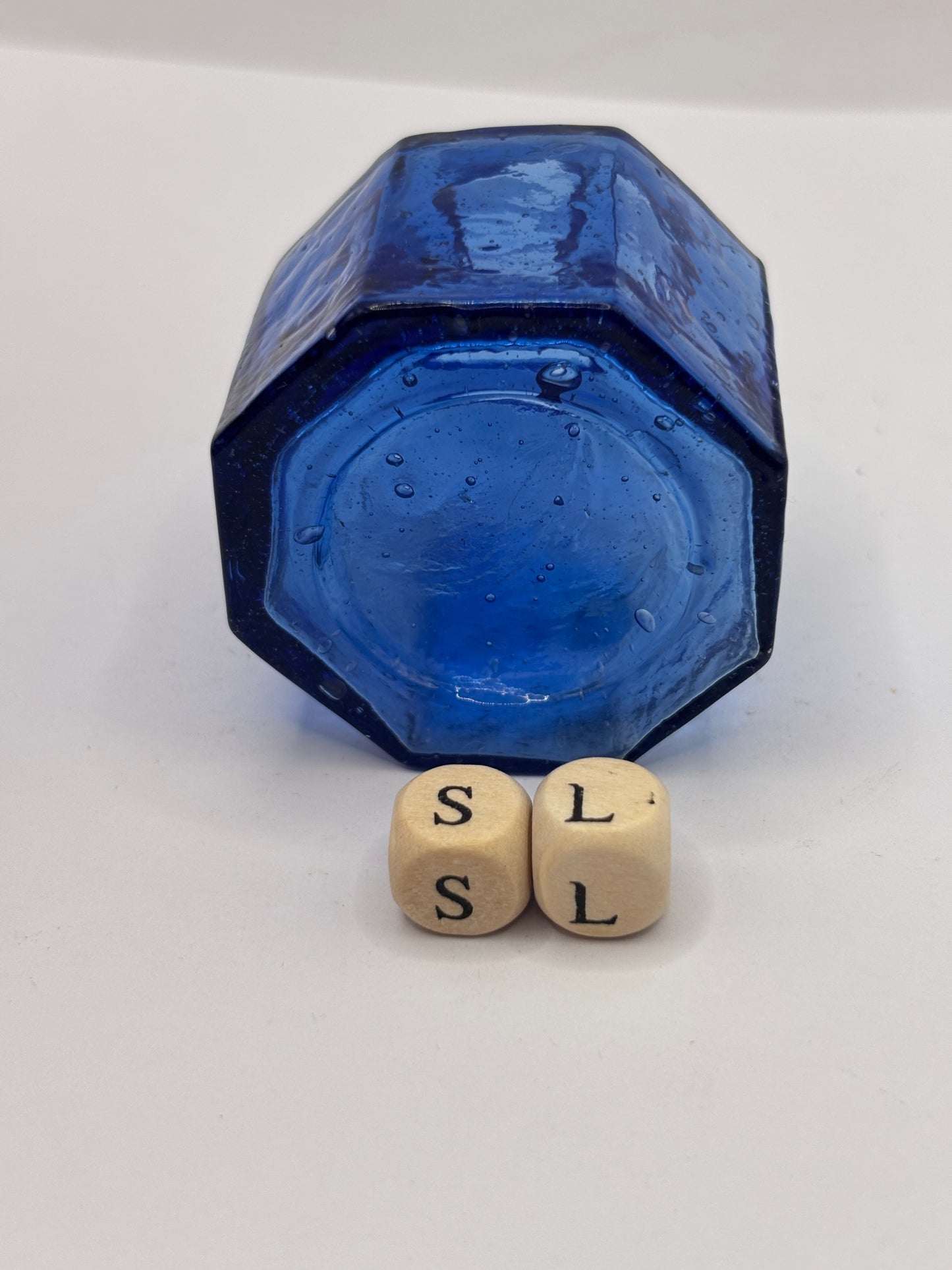 Old blue glass ink bottle, inkwell, penny ink (SL)