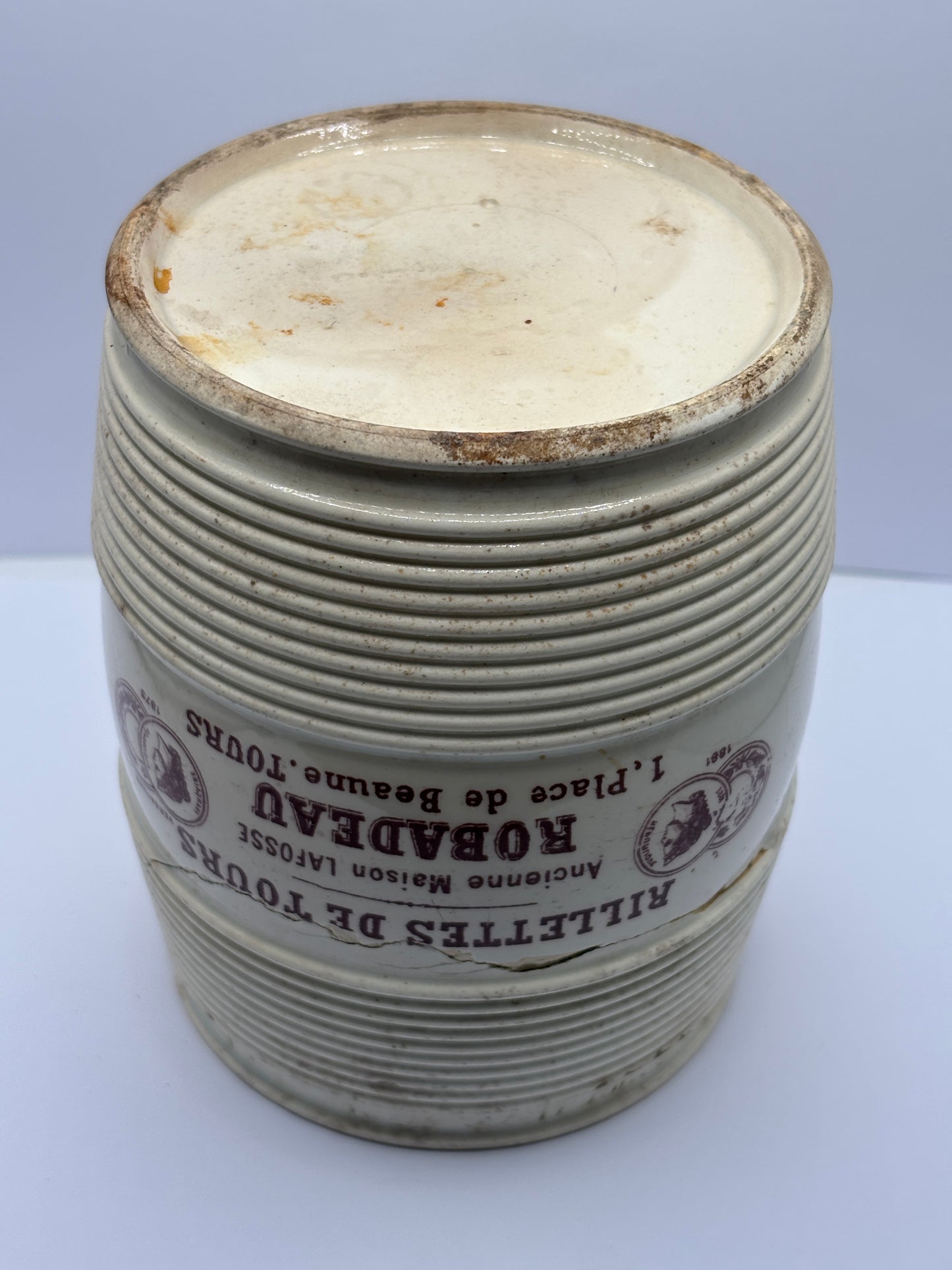 Old french stoneware advertising jar, Rillettes de tours. Damaged