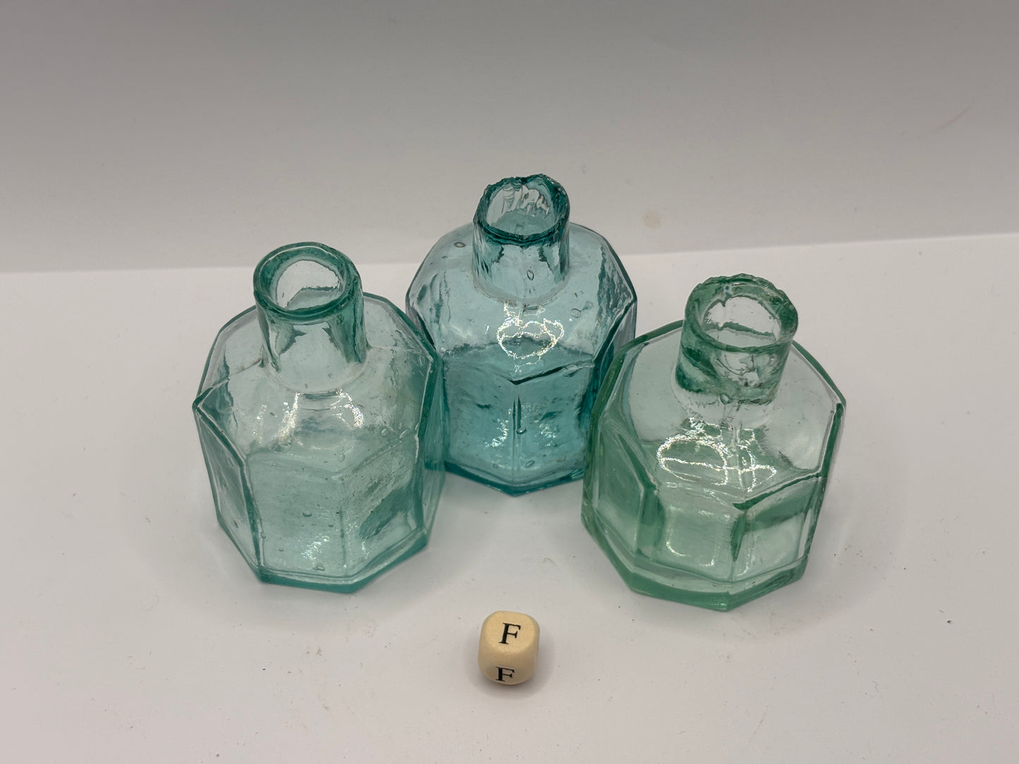 3 old aqua glass inks, inkwells, ink bottles (F)