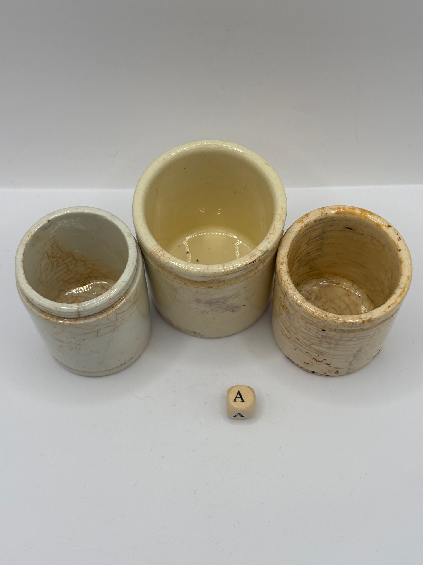 3 old stained & crazed stoneware pots (a)