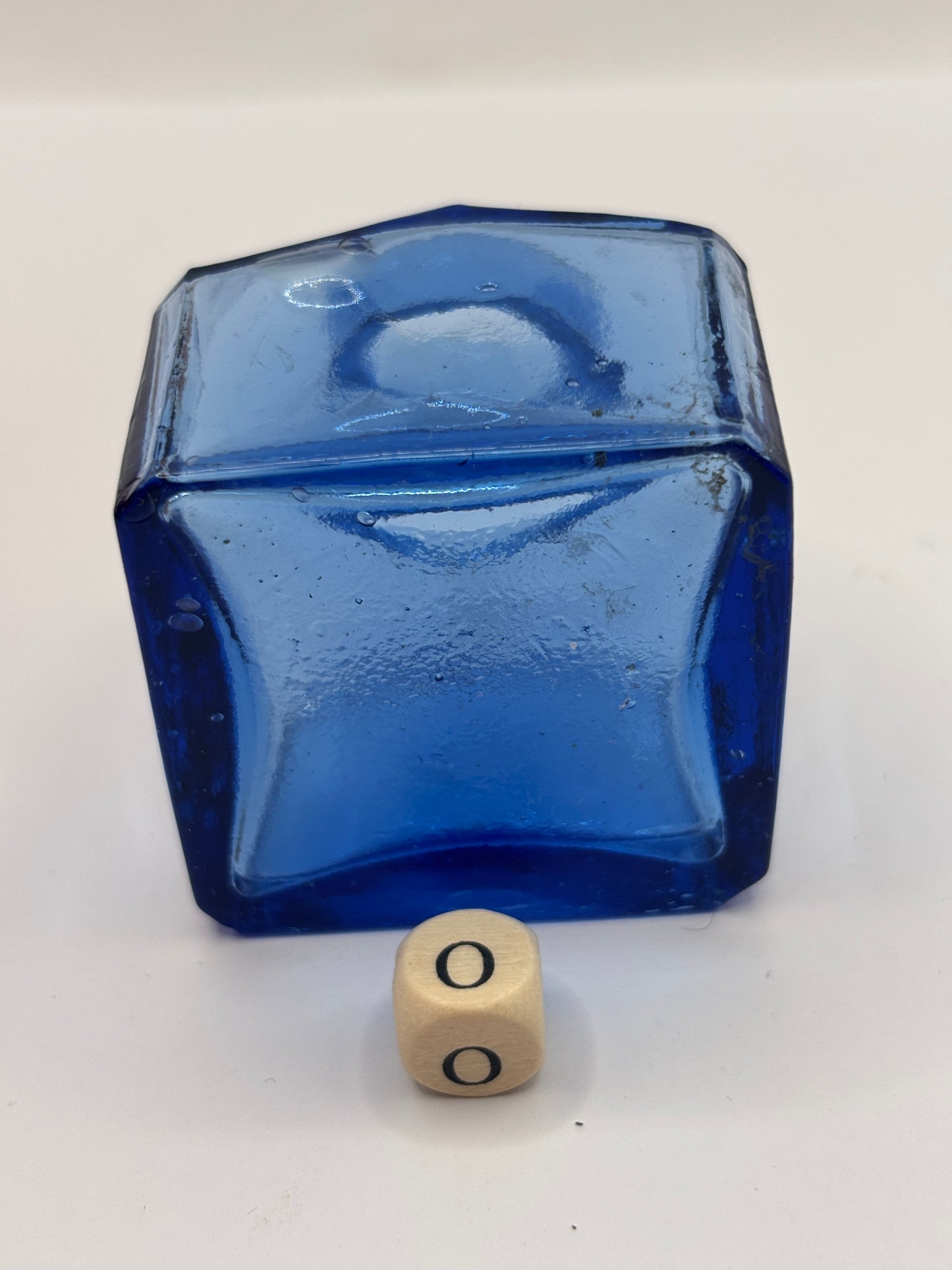 Old blue glass ink bottle, inkwell, penny ink (o)