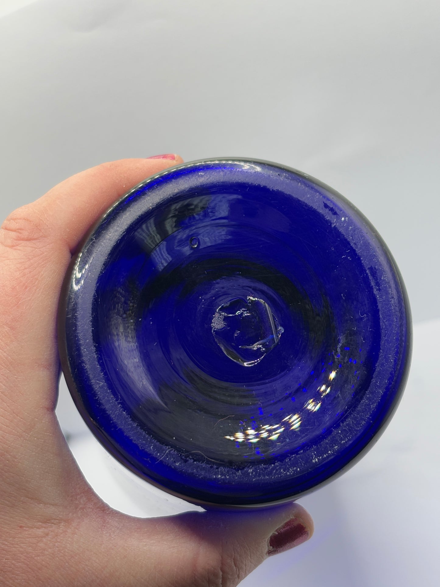 Old pontilled blue glass chemist jar, chemist round. Pharmacy