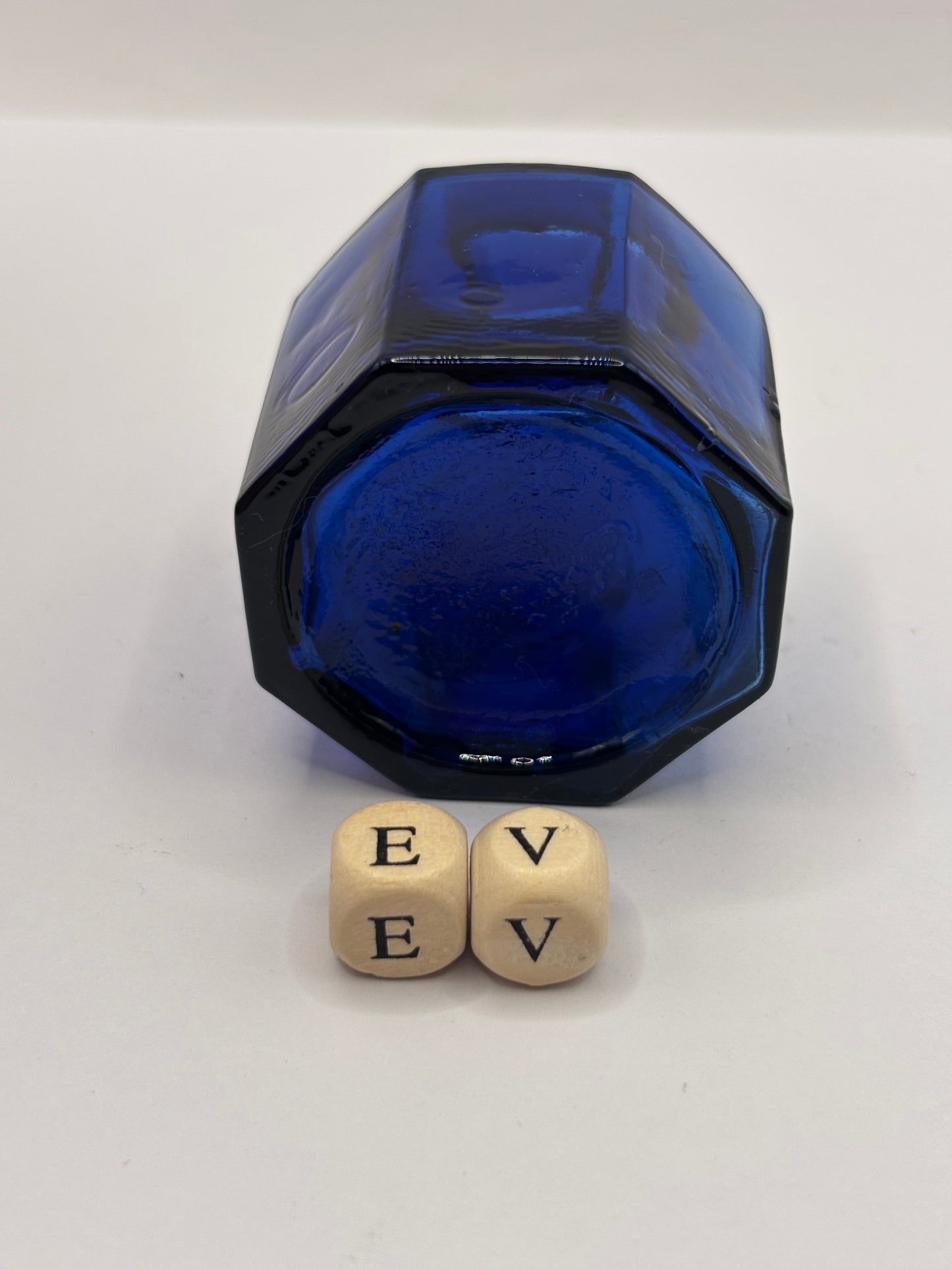 Old cobalt blue glass ink bottle, inkwell, penny ink (EV)