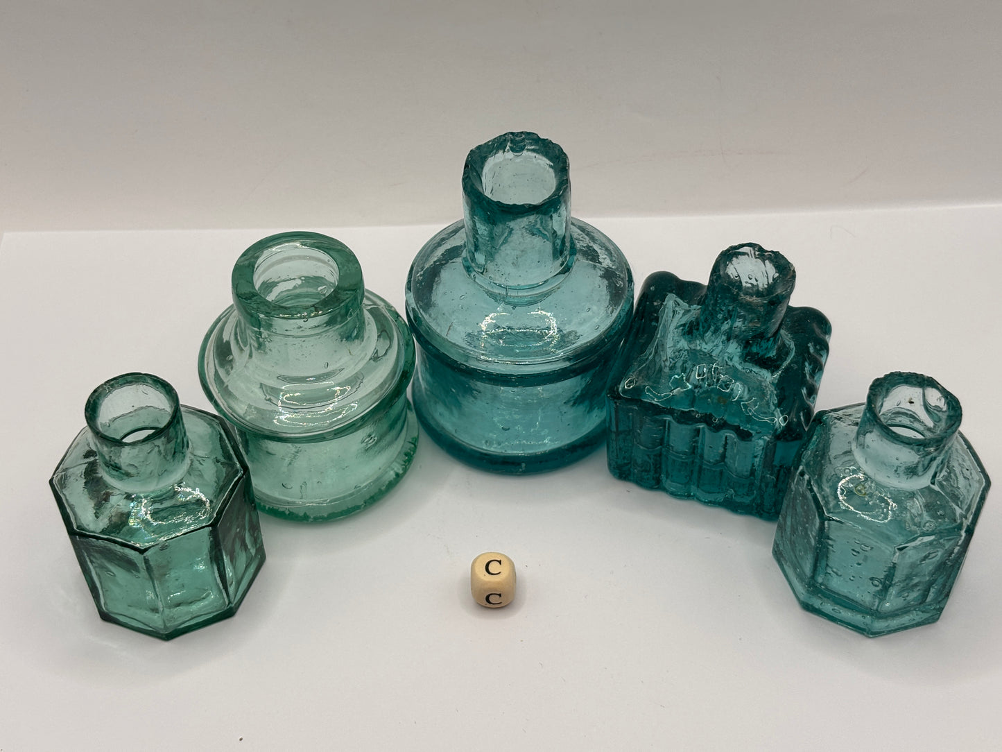 5 old glass inks, inkwells, ink bottles (c)