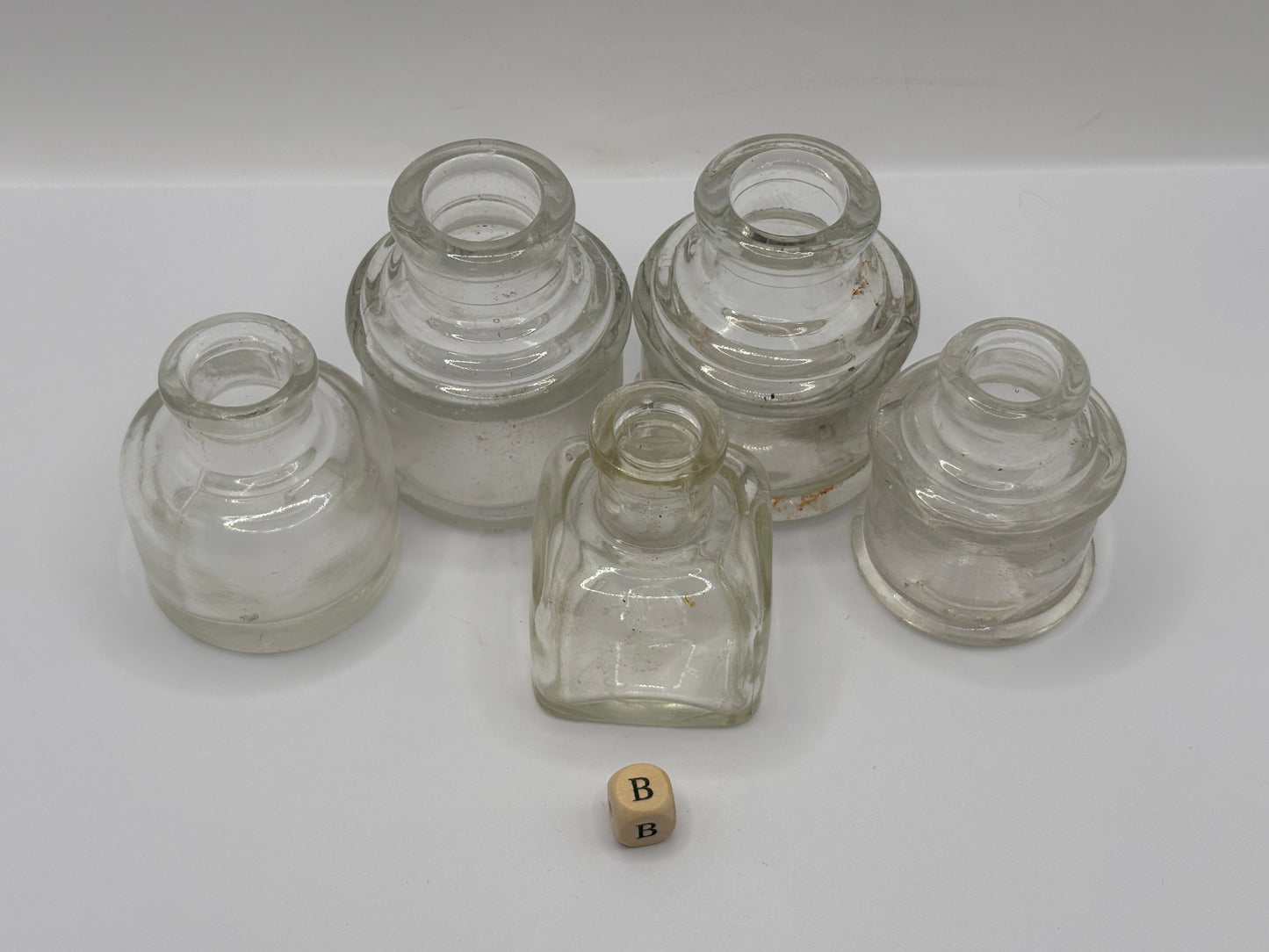 5 old clear glass inks, inkwells, ink bottles (B)