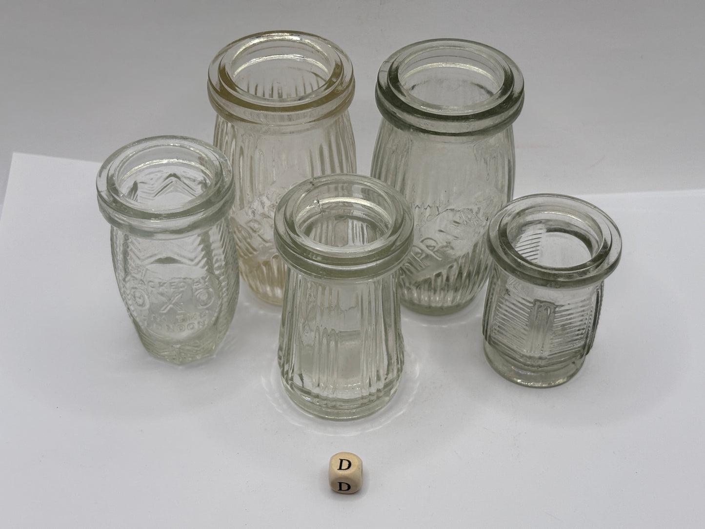 5 old clear glass meat paste jars (D)