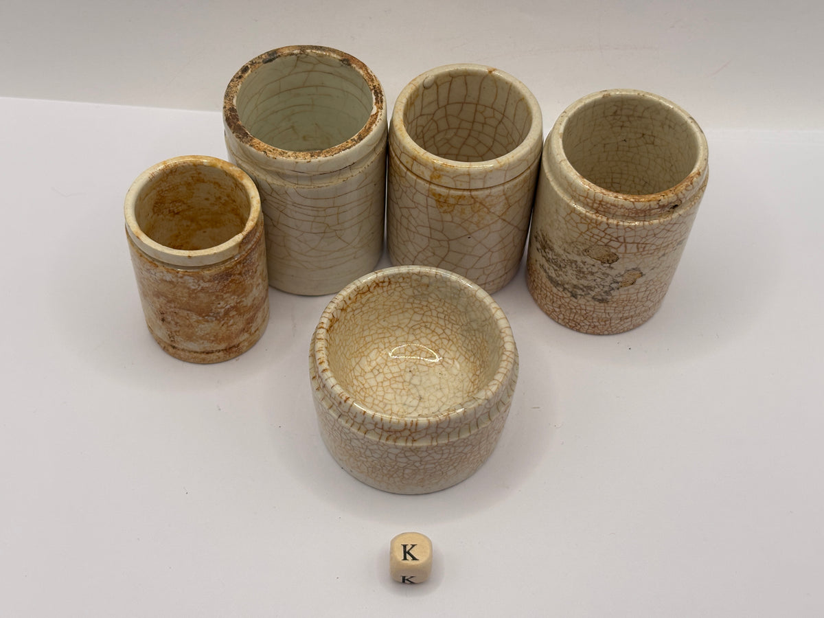 5 old small stoneware jars & pots (K)