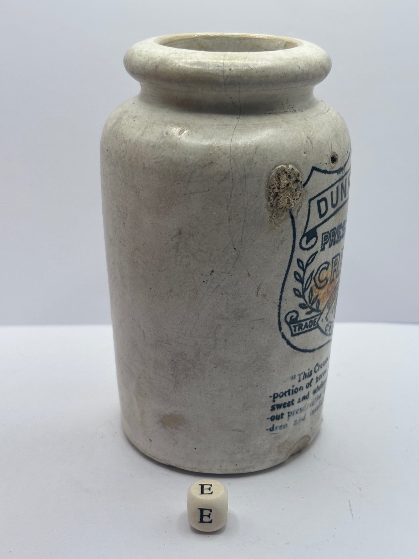 Old Dunragit stoneware cream pot (E) damaged