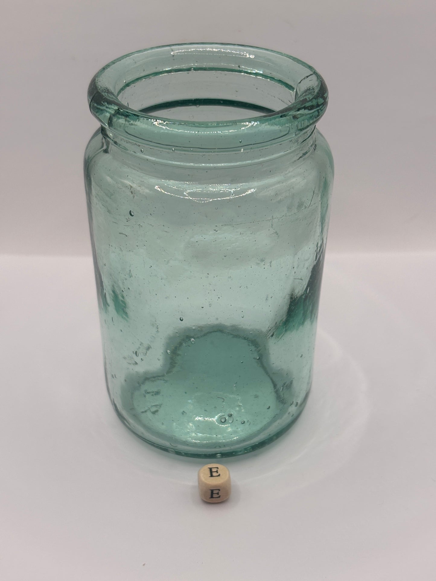 Old 1lb aqua glass pickle jar (e)