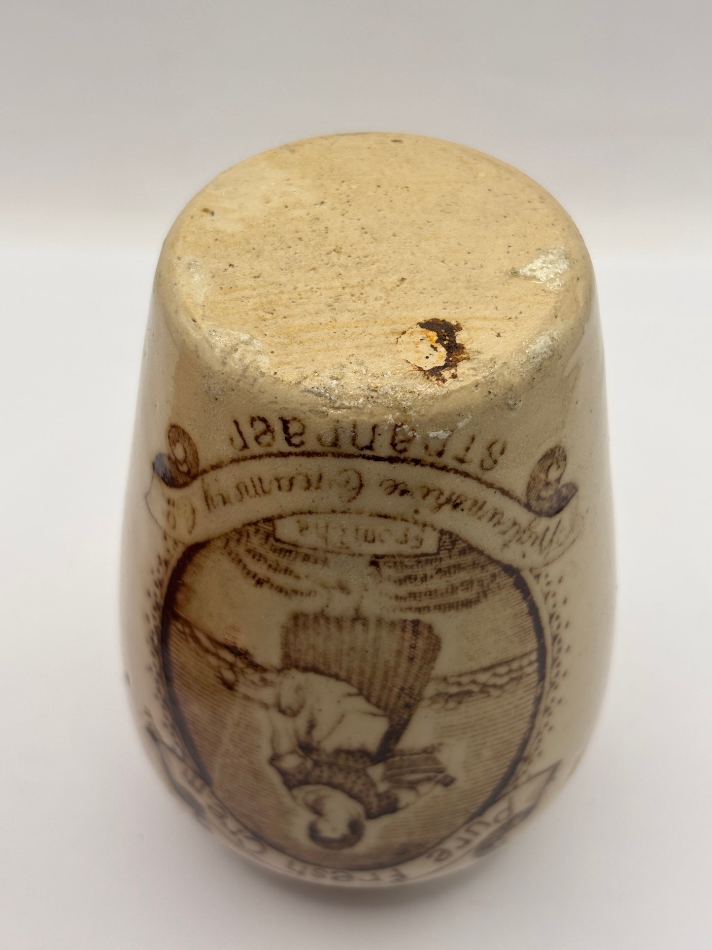 Old stoneware advertising cream pot, pure fresh cream Stranraer. Serpia print