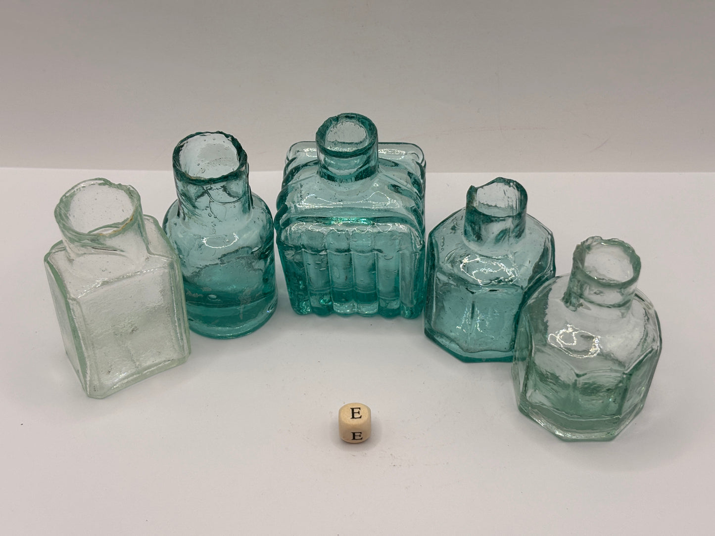 5 old aqua glass inks, inkwells, ink bottles, penny ink (E)