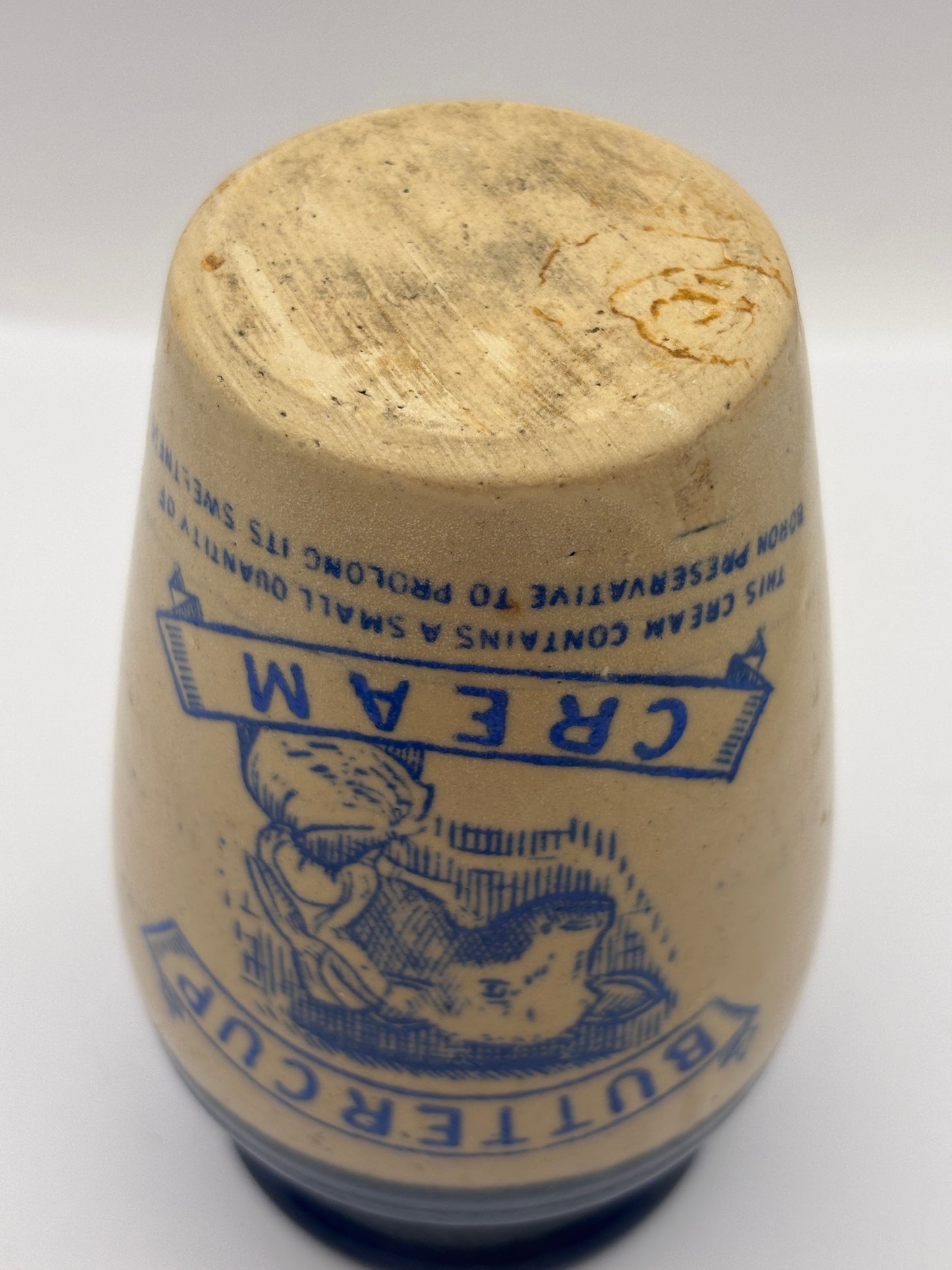 Old blue top advertising cream pot, Buttercup cream, 11.5cms