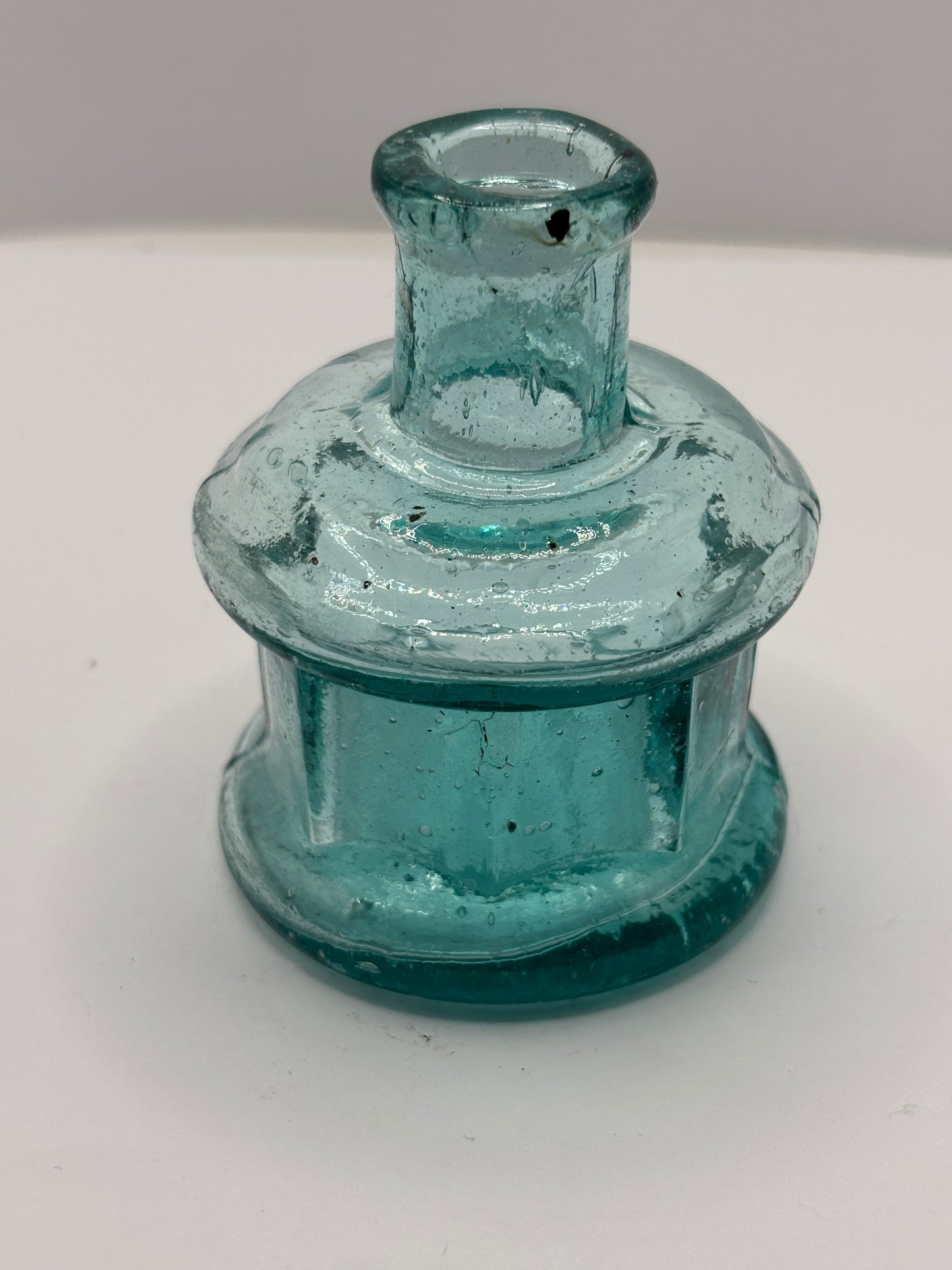 Old aqua glass ink bottle, inkwell