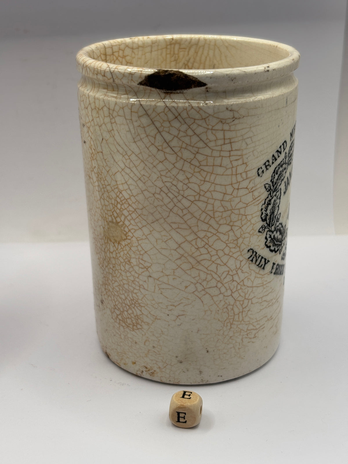 Old 1lb stoneware marmalade pot, James Keiller Dundee marmalade (e) damaged