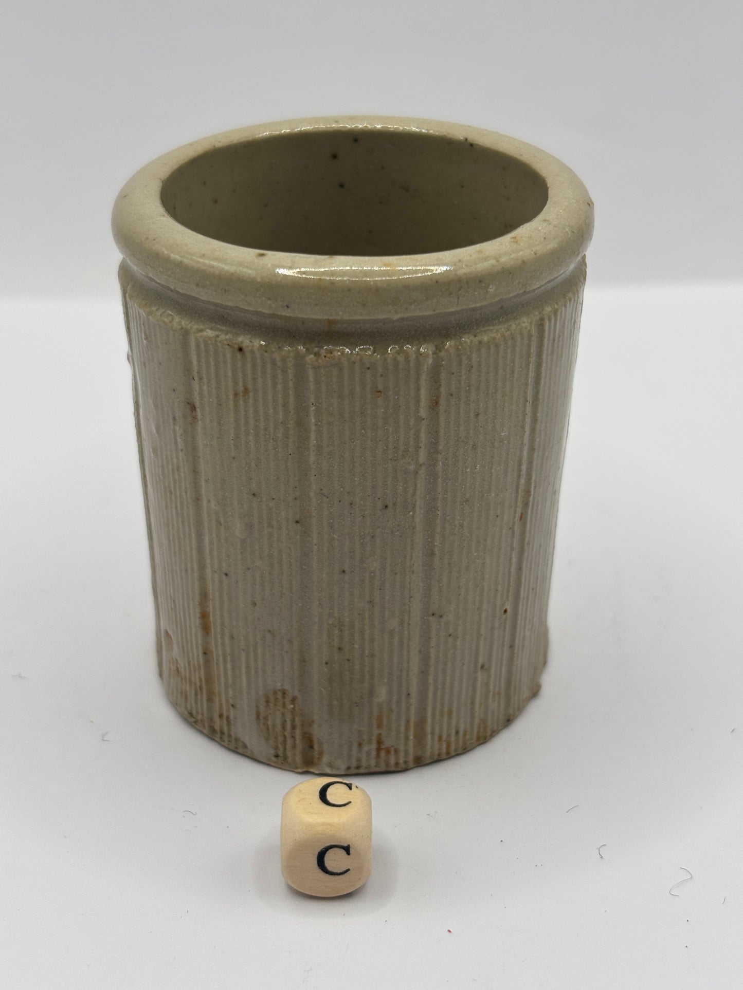 Old mini ribbed stoneware jam pot (c)