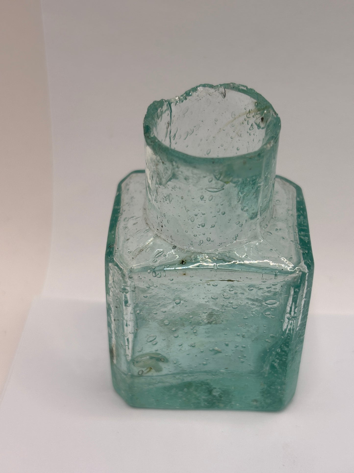 old aqua glass ink,inkwell, ink bottle. bubbly ink