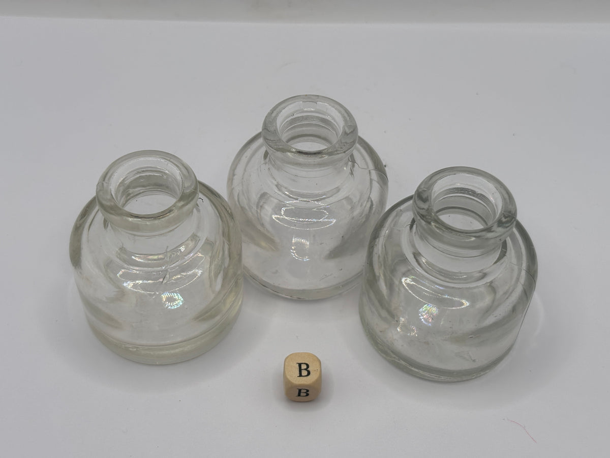3 old clear glass inkwells, ink bottles (B)
