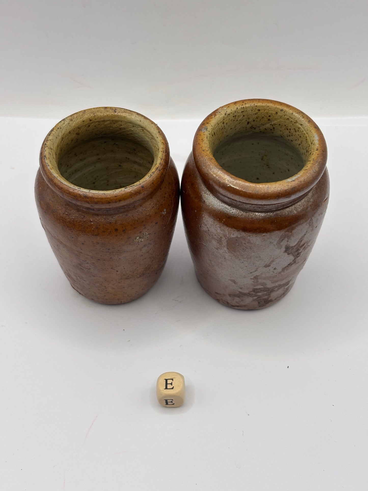 2 old small brown stoneware cream pots (e)