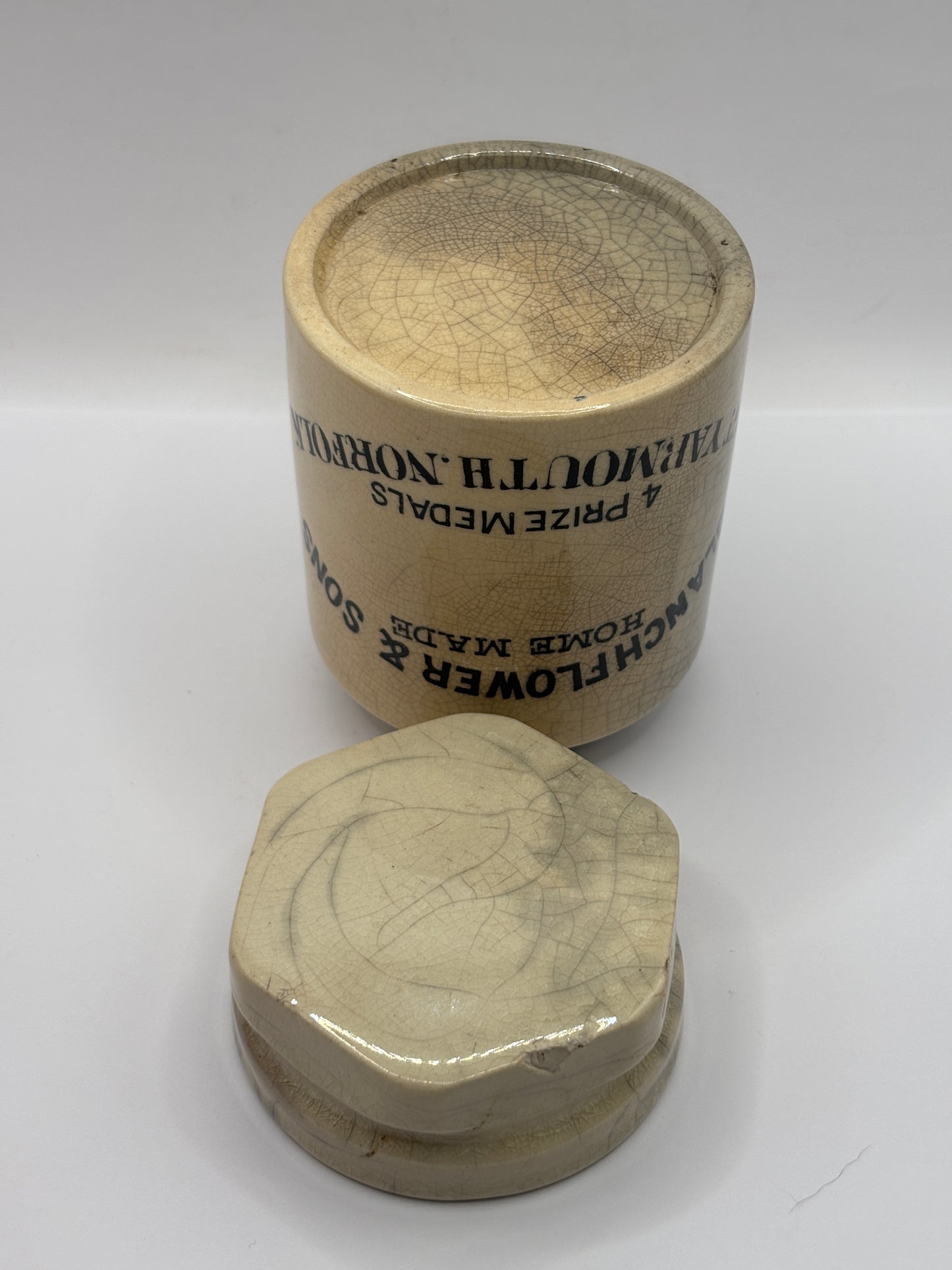 Old stoneware potted meat jar and lid. Blanchflower