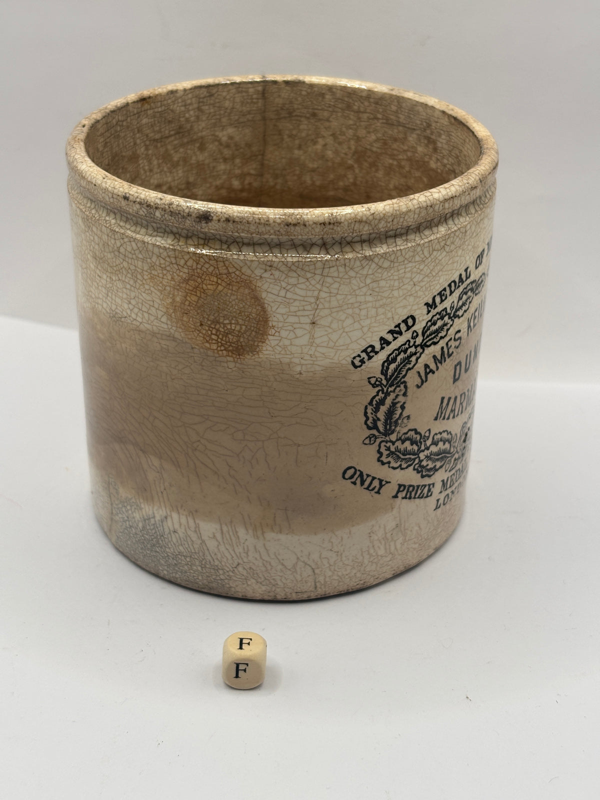 Old 2lb stoneware marmalade pot, James Keiller Dundee marmalade (f) damaged