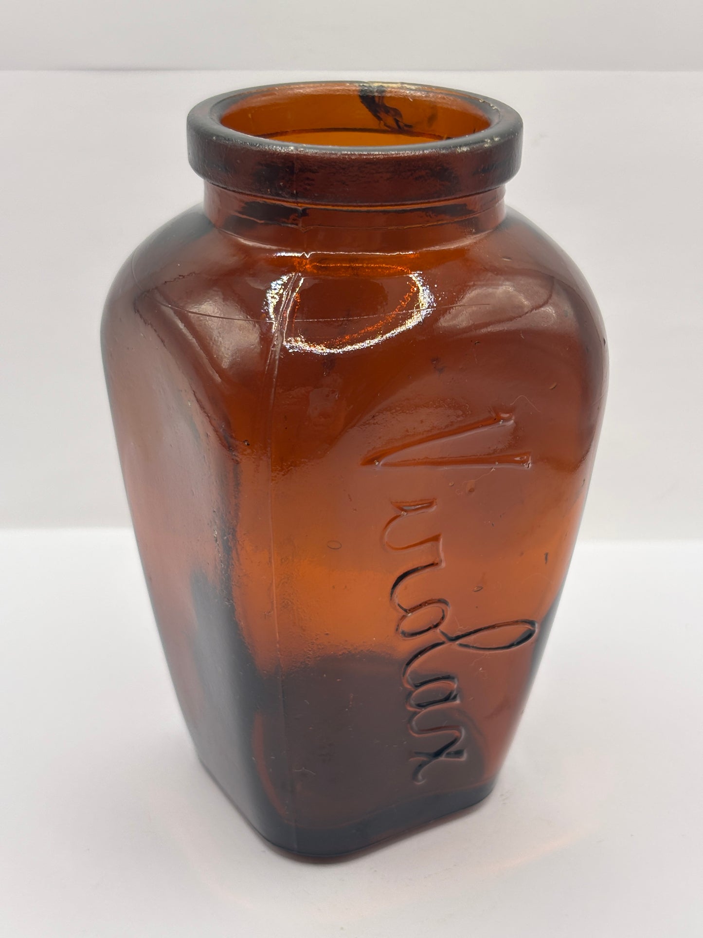 old large amber glass virolax jar 13.5cms
