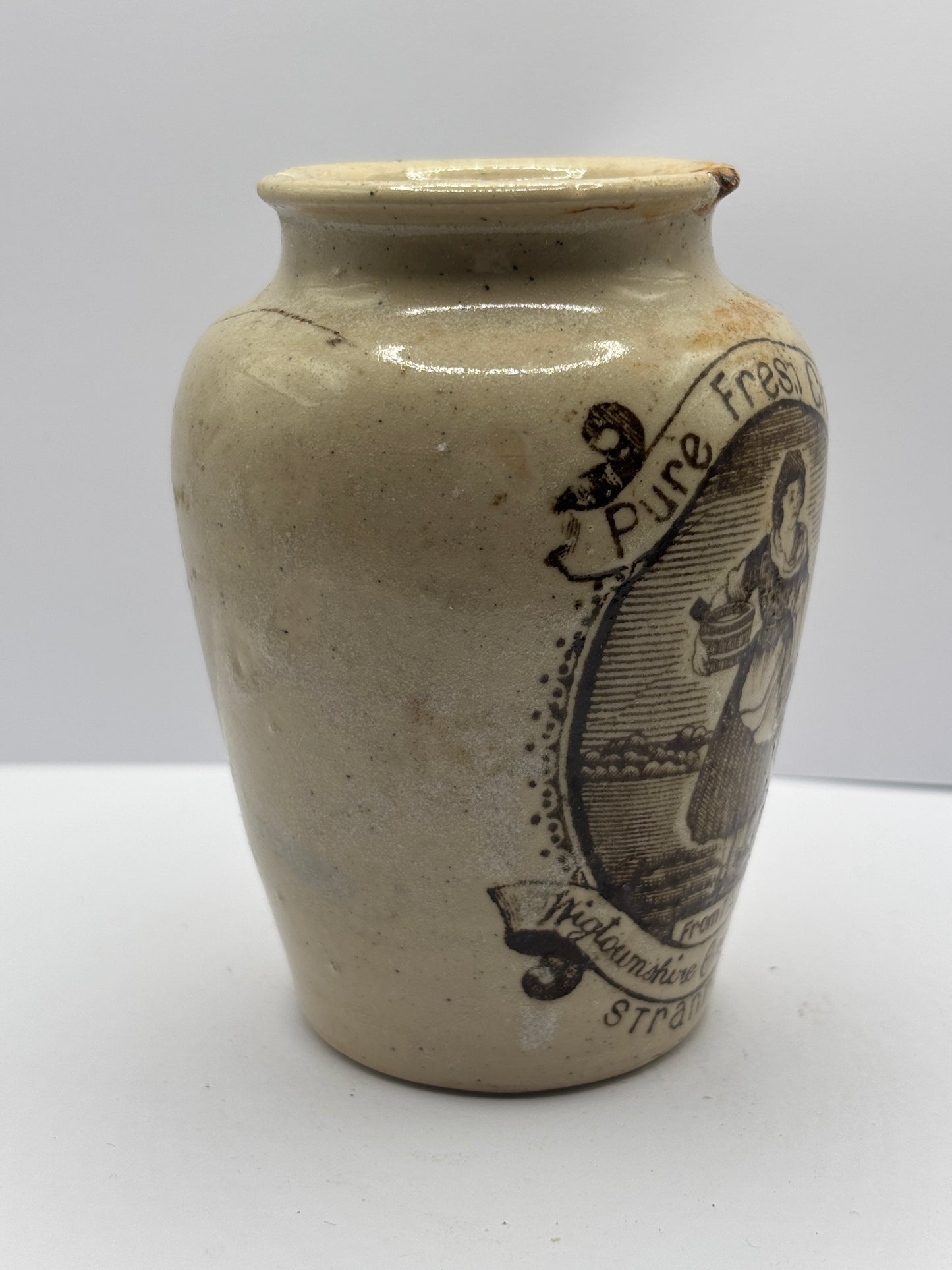 Old Stranraer rich preserved cream pot, milk maid. Serpia print, damaged