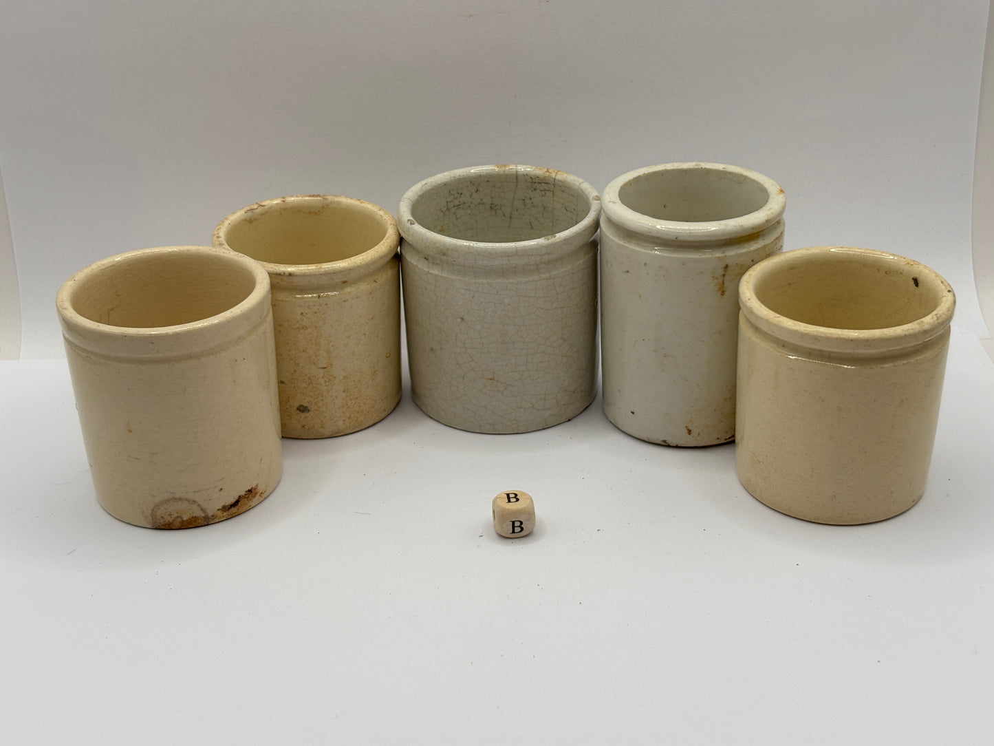5 old small stoneware jars & pots (B)