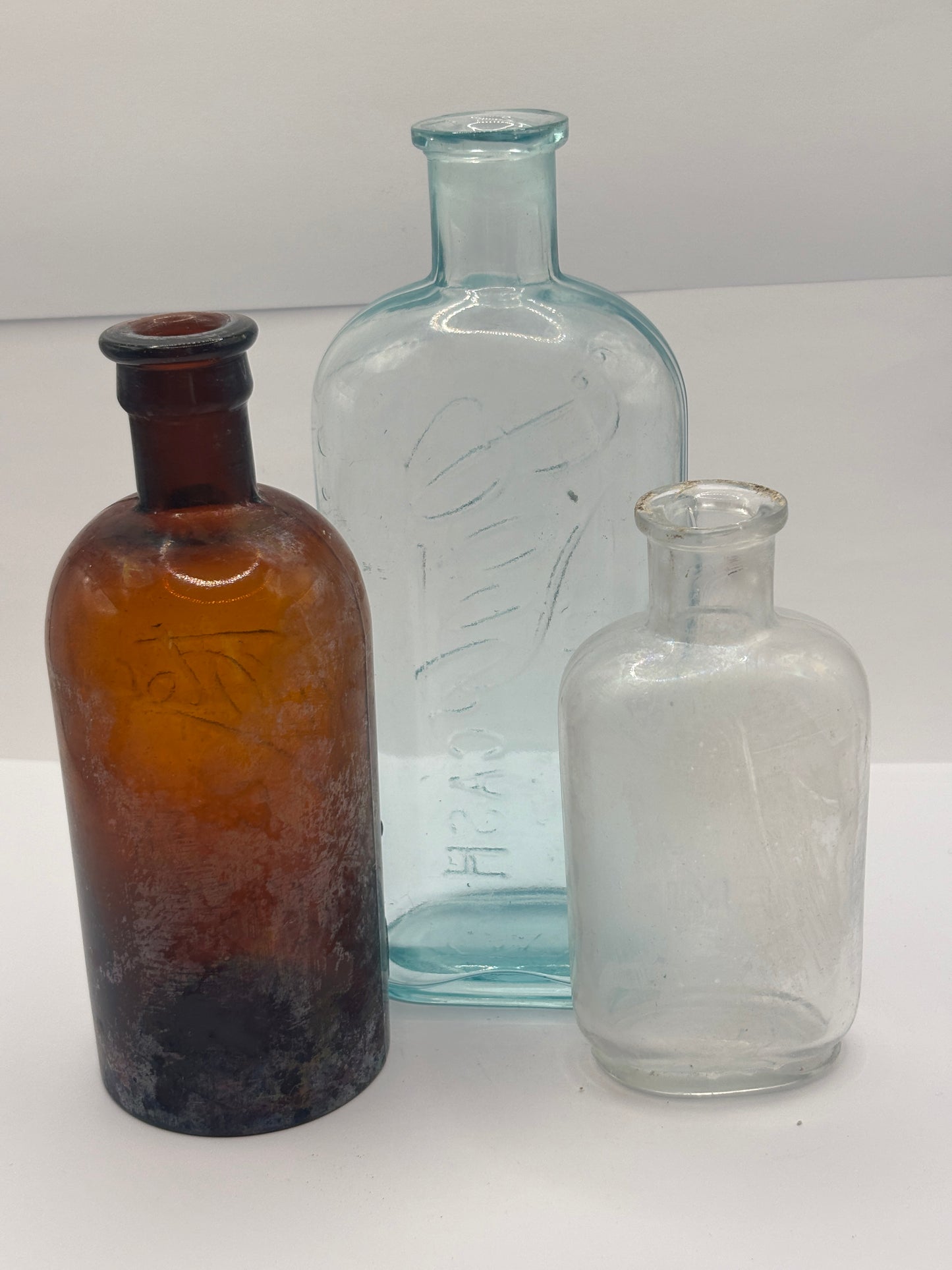 3 Old crusty glass Boots cash chemists bottles