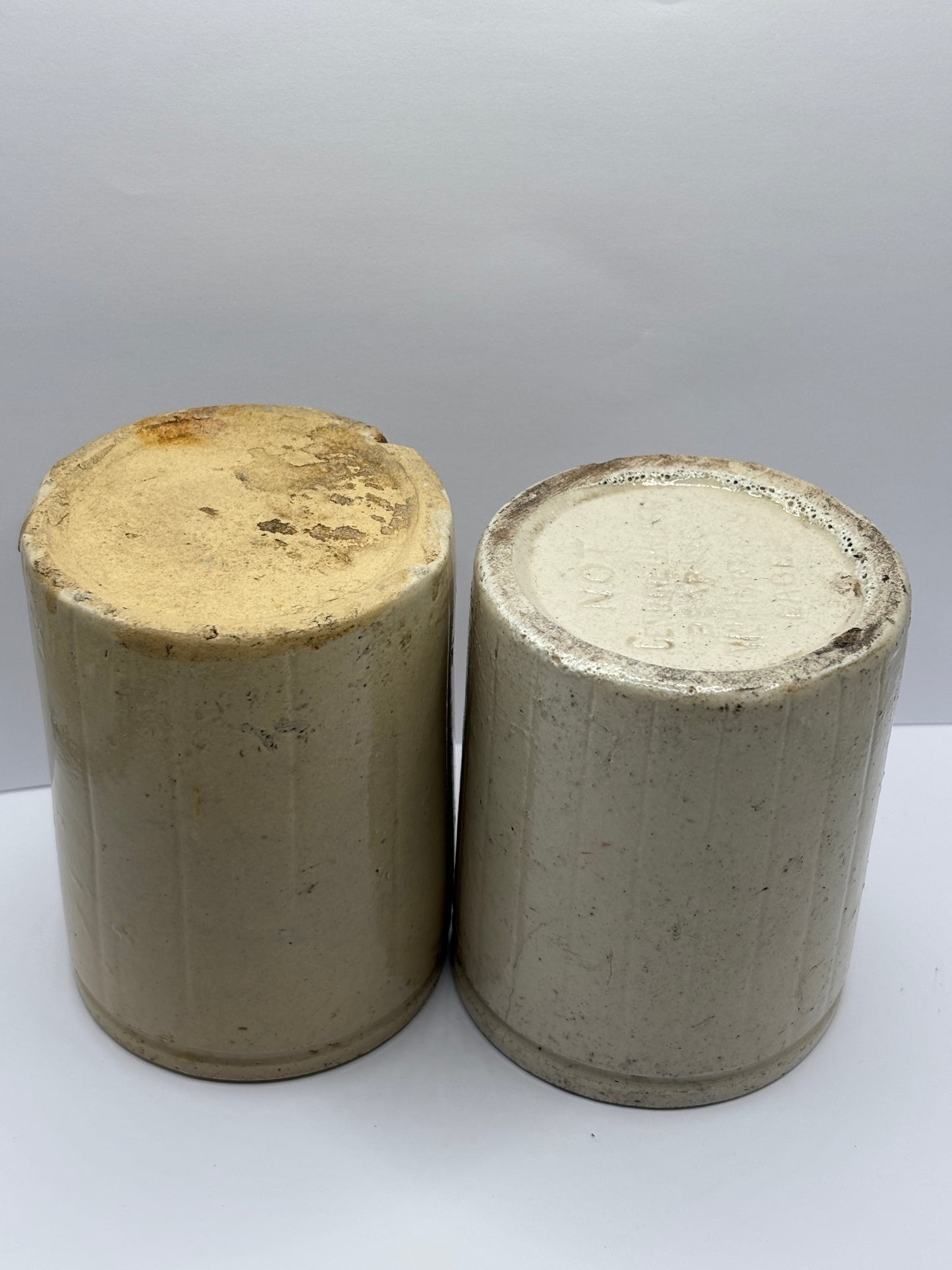 2 old ribbed stoneware jam pots, 1lb size