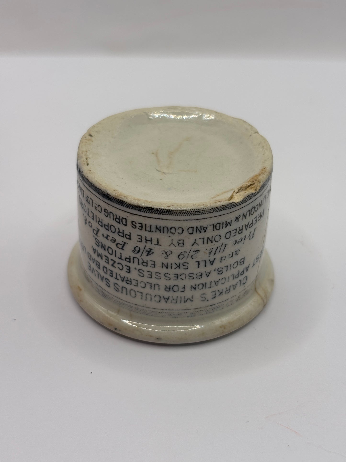 Old advertising ointment pot, clarkes miraculous salve ointment. Damaged