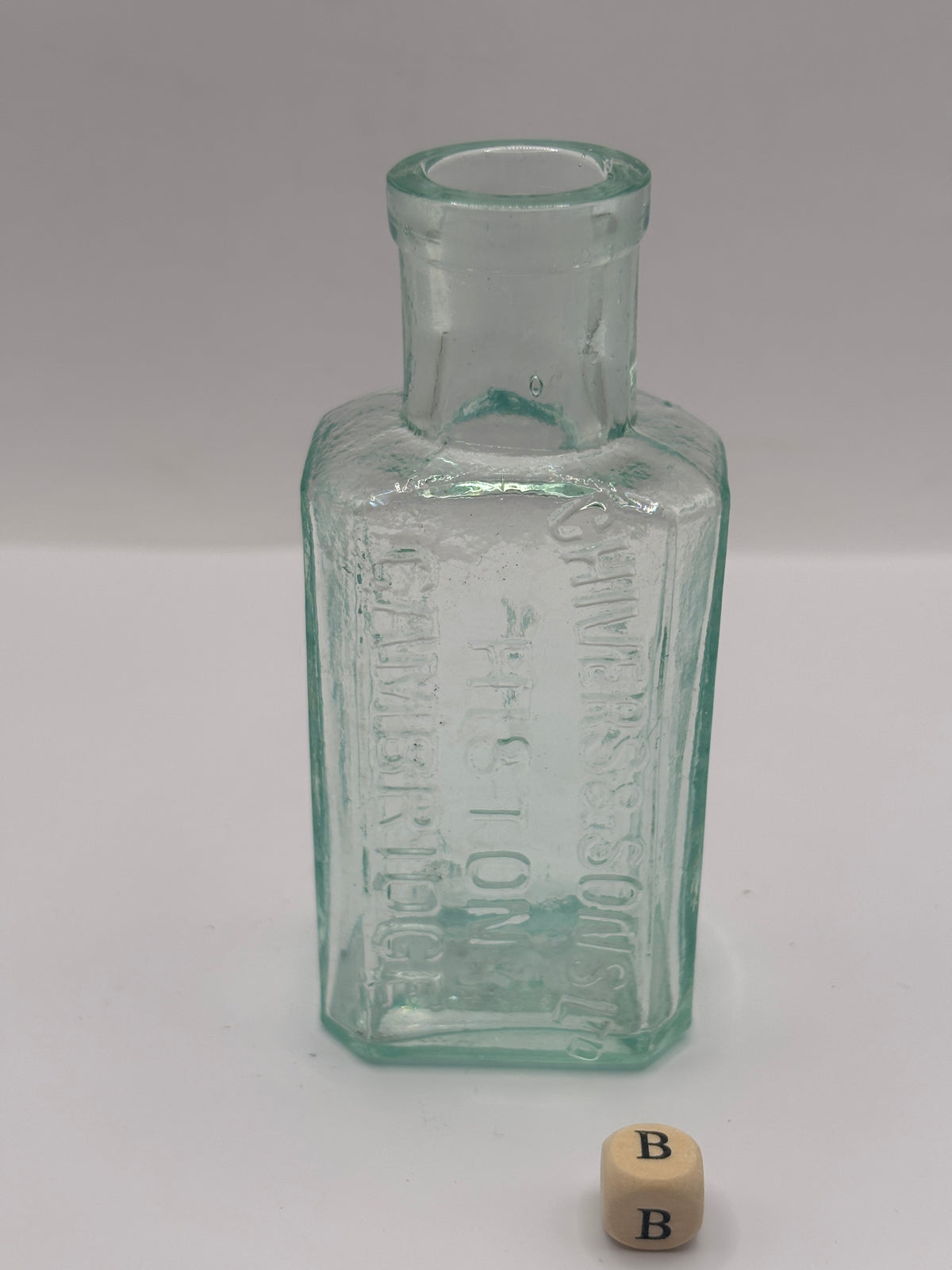 Old aqua glass advertising bottle, Chivers Lemonade (B)