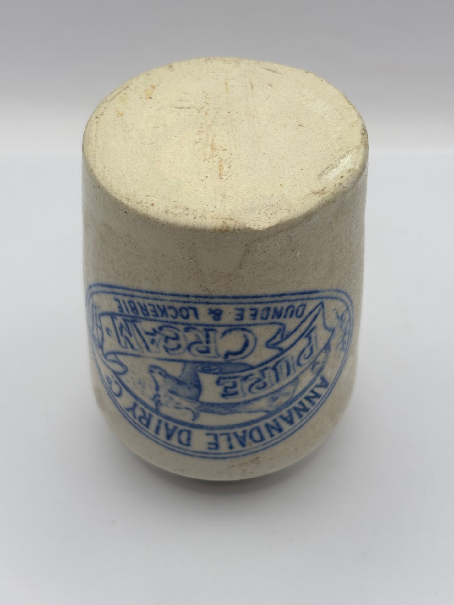 Old blue print advertising cream pot, Annandale dairy. Pure cream