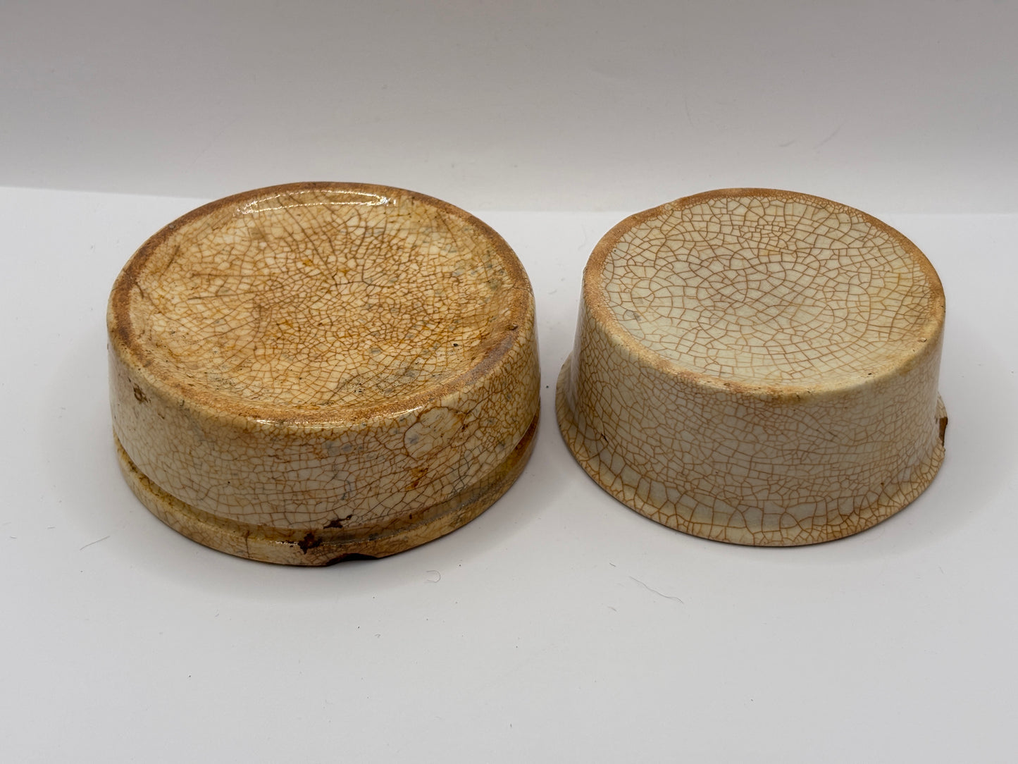 2 Old stoneware meat paste pots, potted meat. Chipped