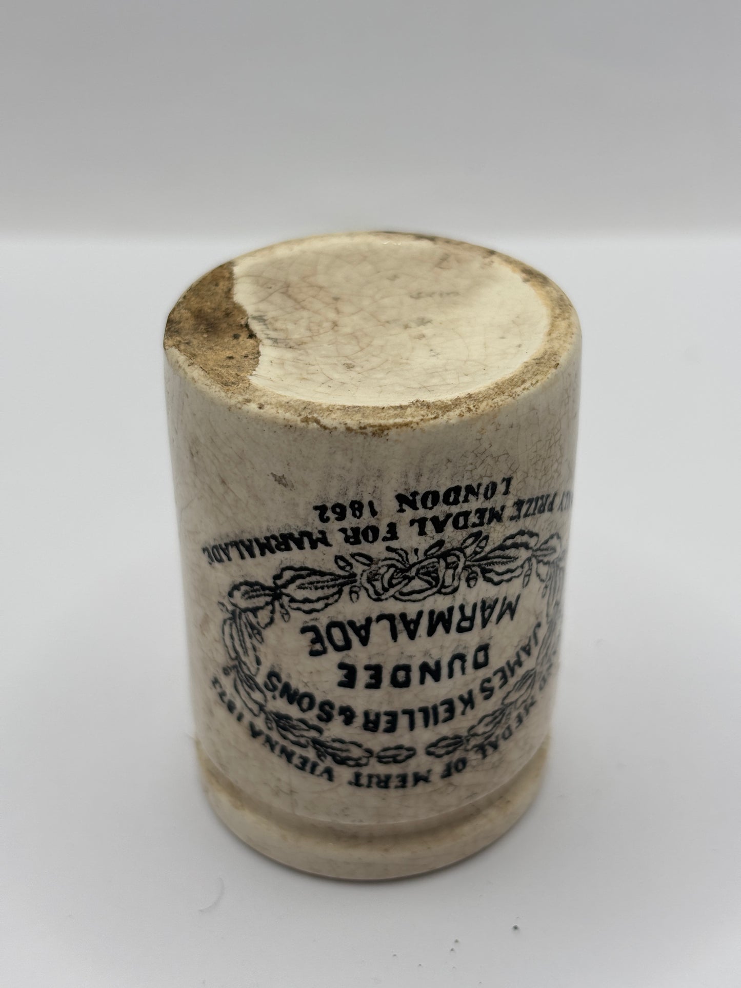 Old miniature James Keiller Dundee marmalade Jar, damaged