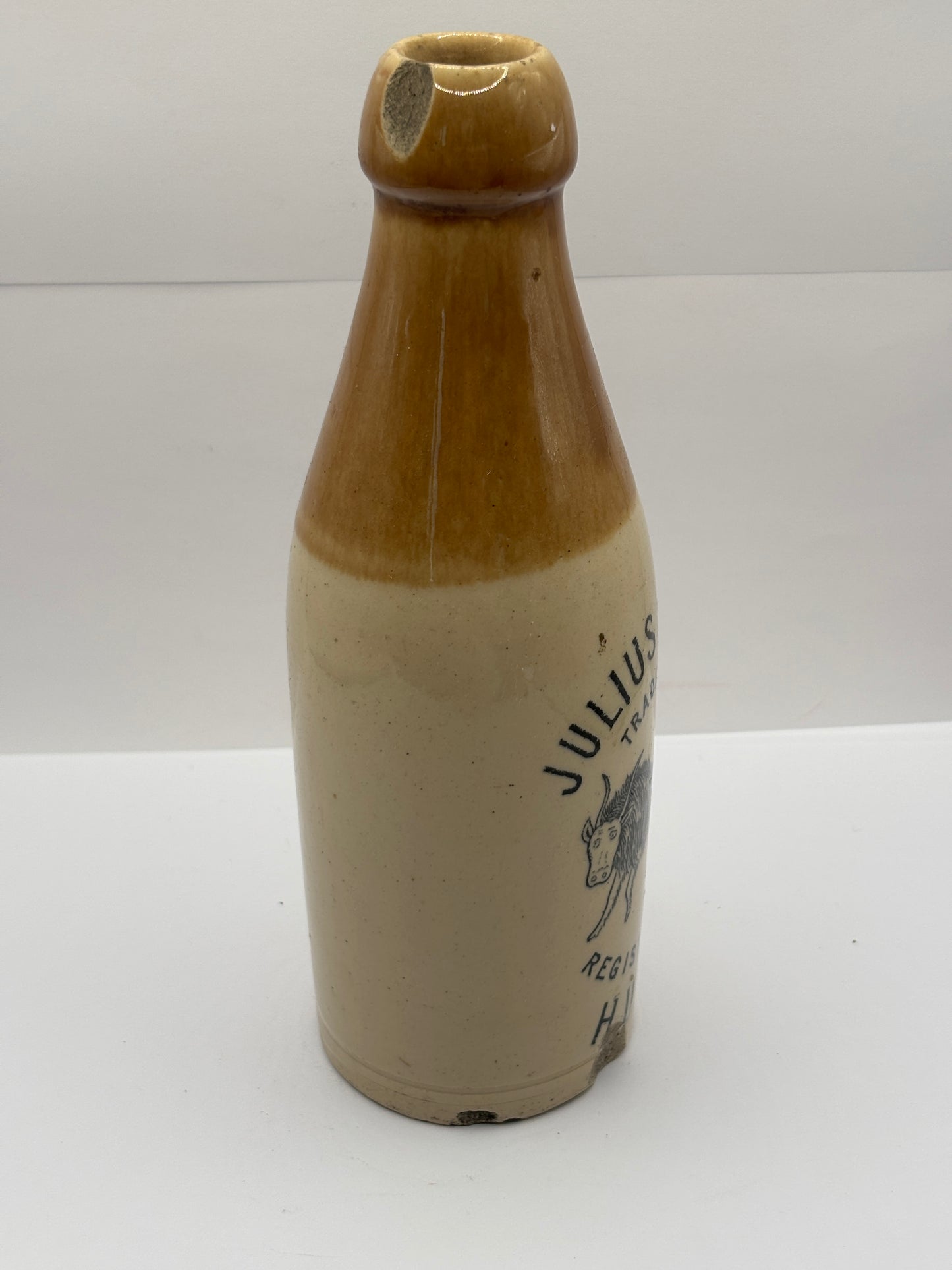 Old stoneware ginger beer bottle, damaged. Julius Peters, Hull