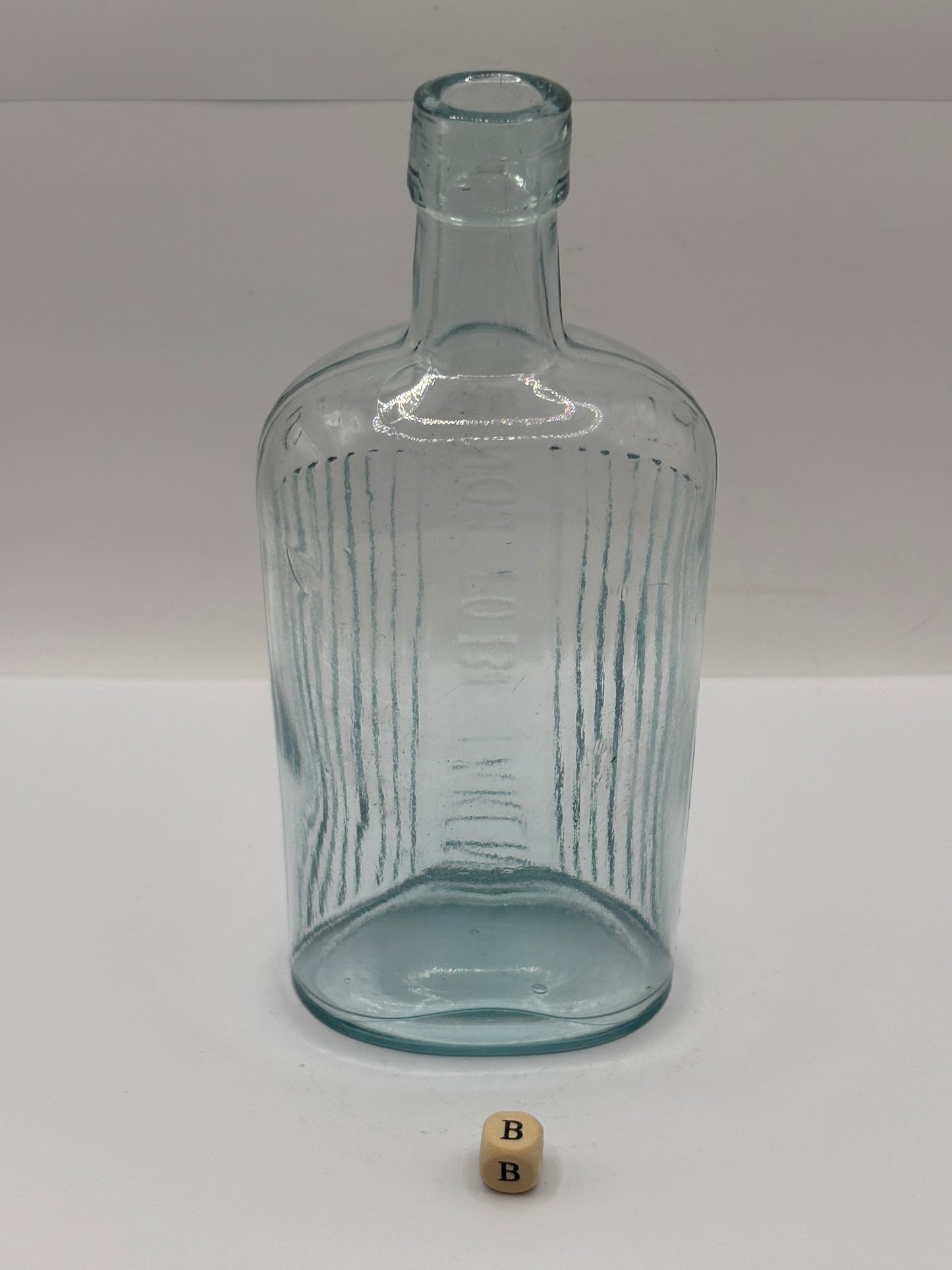 old aqua glass poison bottle, POISONOUS not to be taken (B)