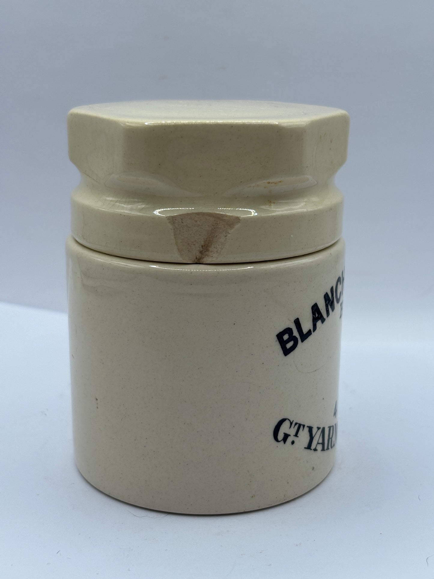 Old stoneware potted meat jar and lid. Blanchflower. Chipped