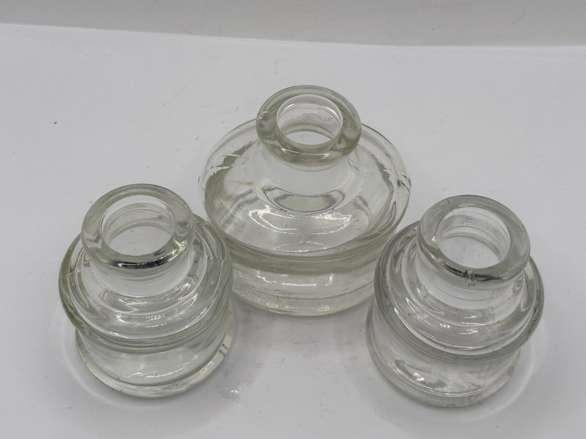 3 old clear glass inkwells, ink bottles