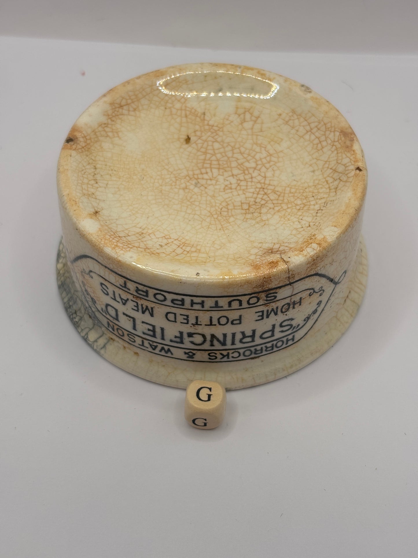 Old advertising meat paste pot, Springfield (G) damaged
