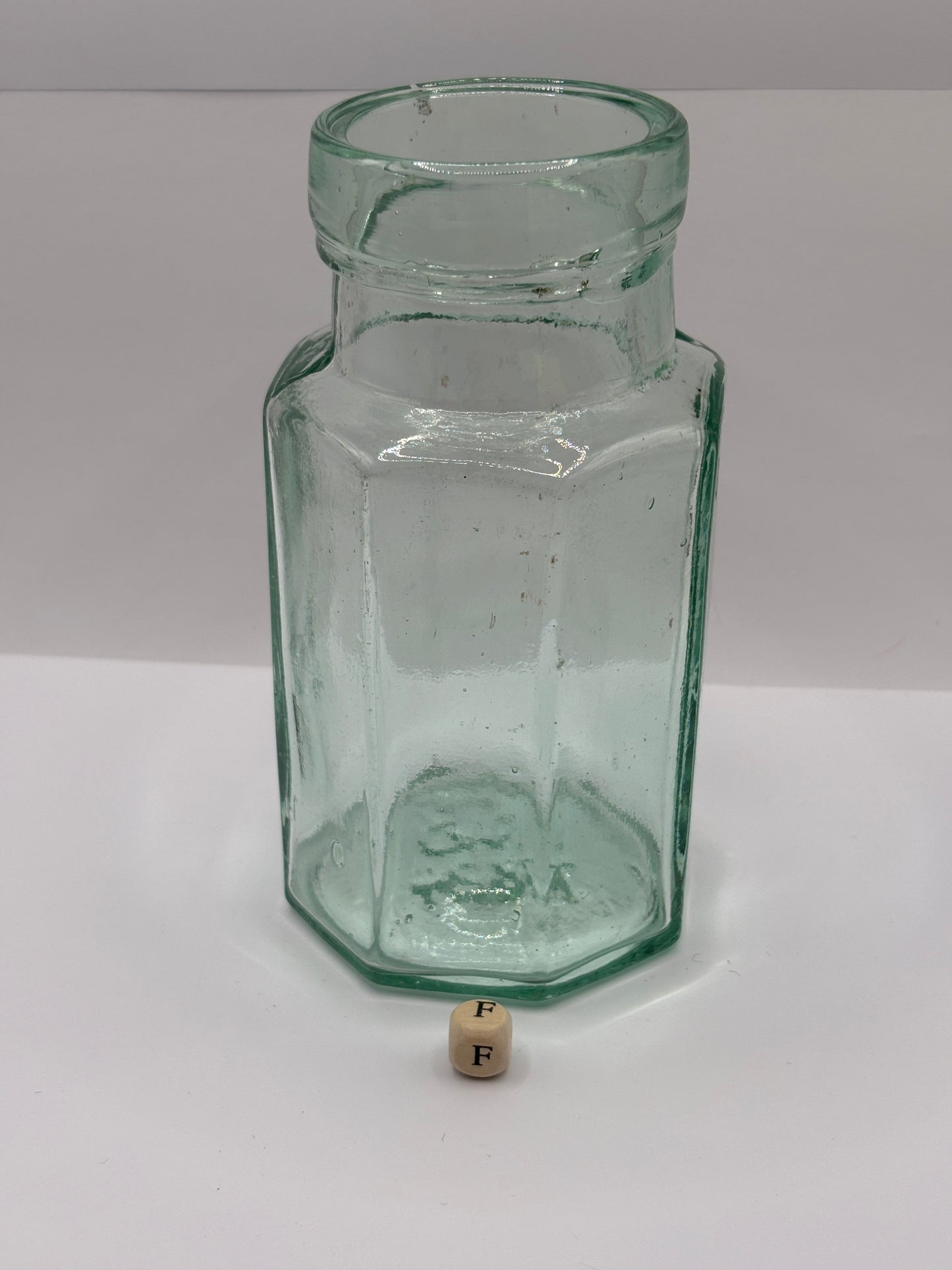 Old 8 sided aqua glass pickle jar, preserve jar (F)