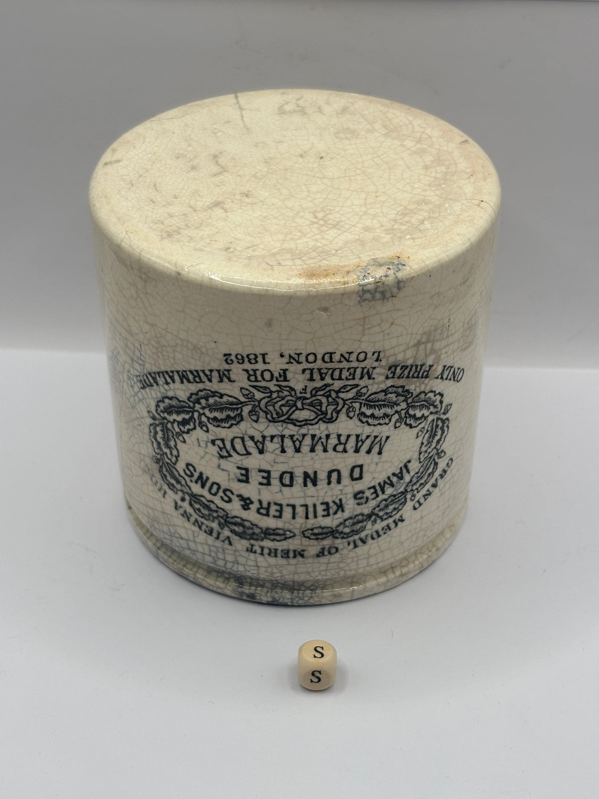 Old 2lb stoneware marmalade pot, James Keiller Dundee marmalade (s)