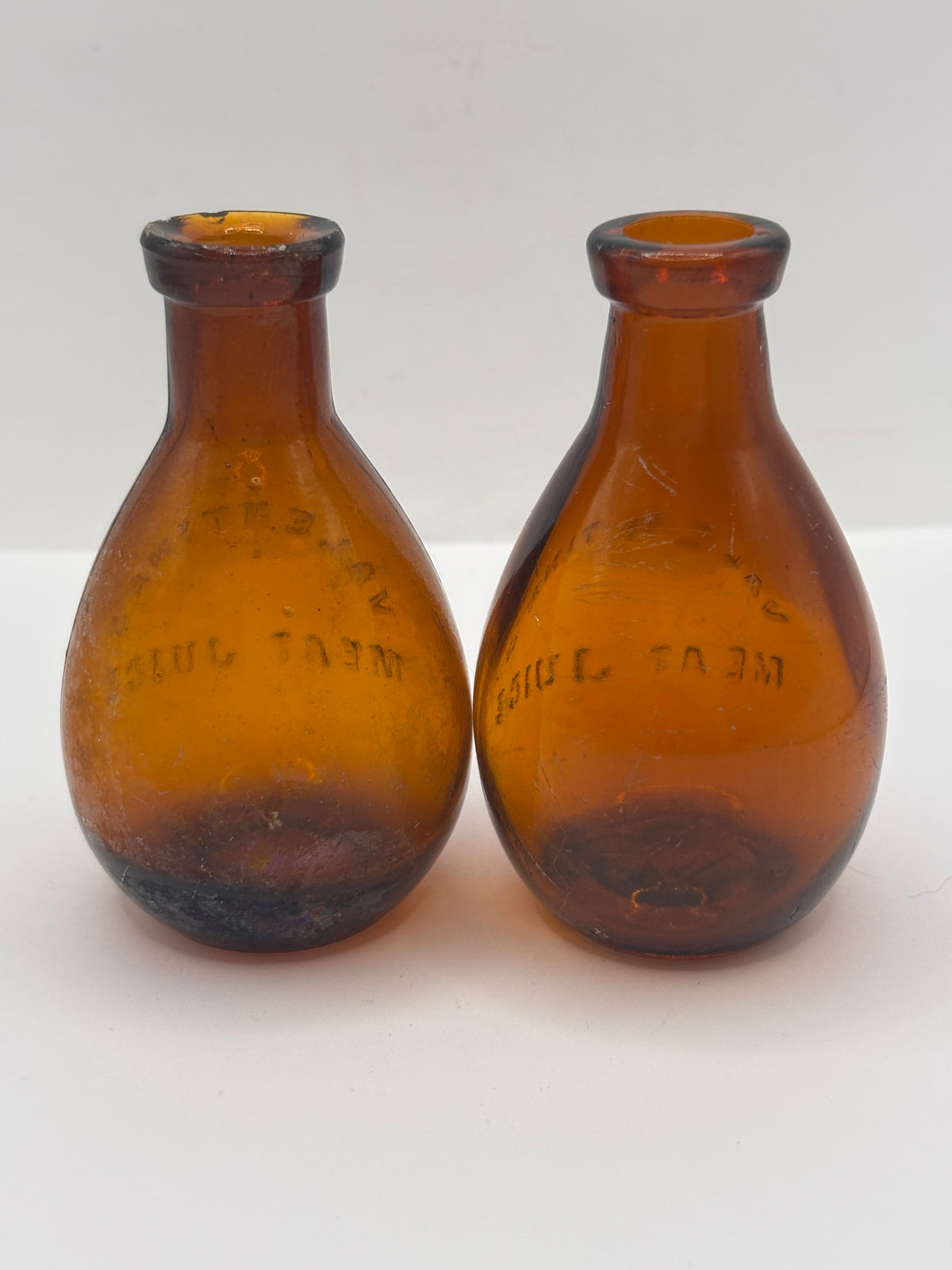 2 Old amber glass bottles, Valentines meat juices